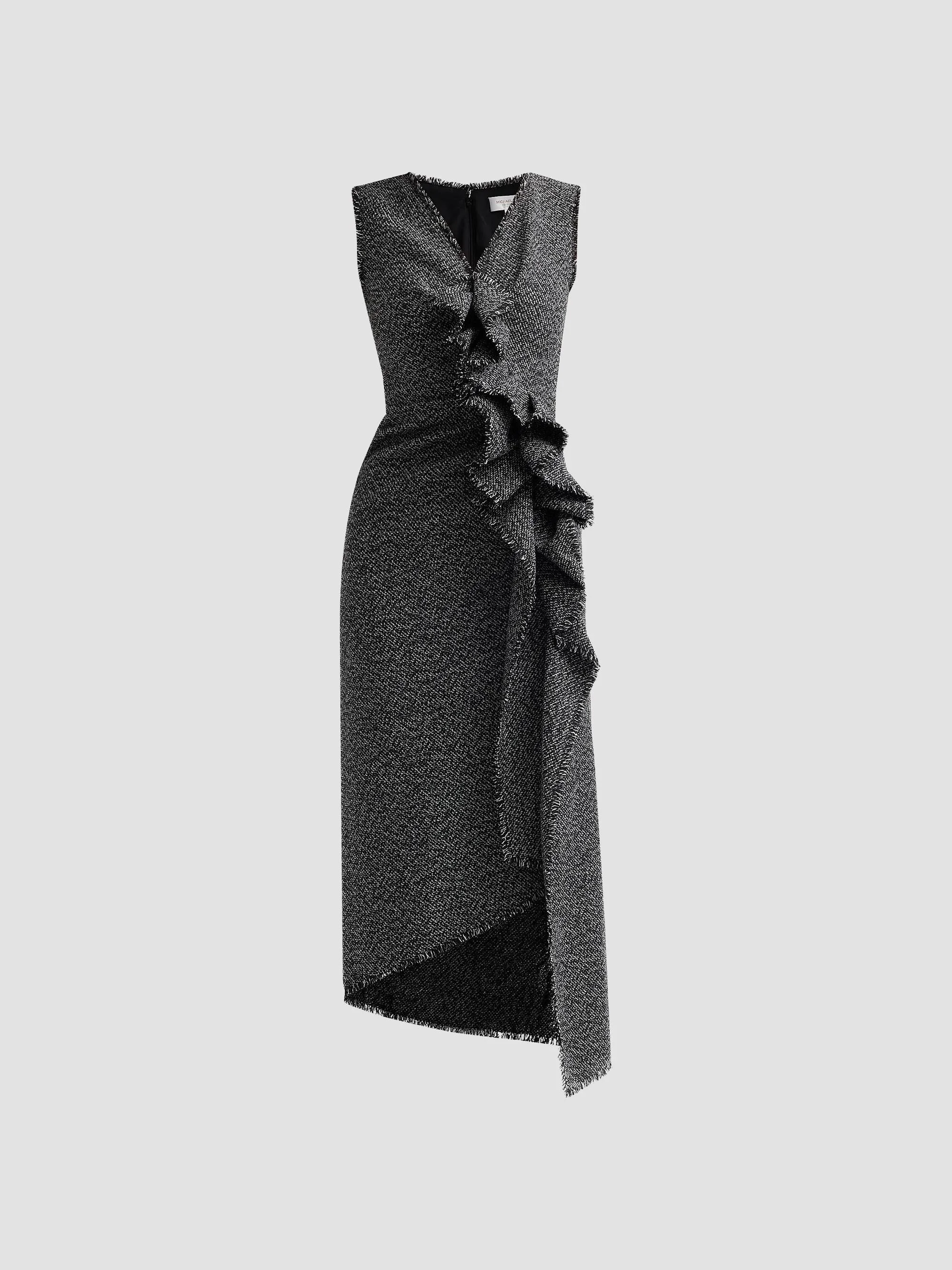 Women's Frayed Ruffle Tweed Sheath Midi Dress - Black Ivory - 1