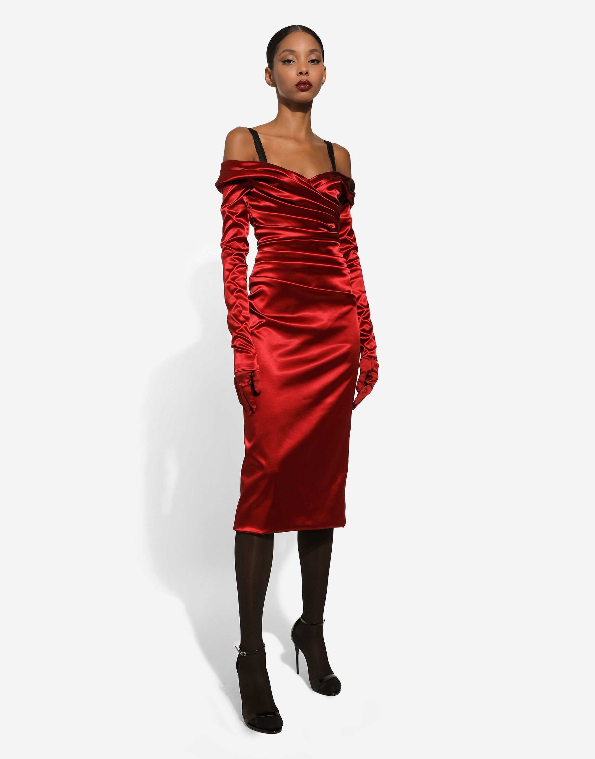 Satin draped calf-length dress - 7