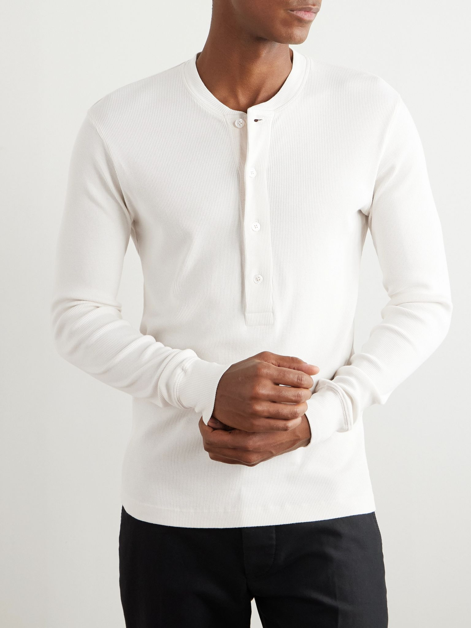 Slim-Fit Ribbed Cotton and Modal-Blend Jersey Henley T-Shirt White - 3