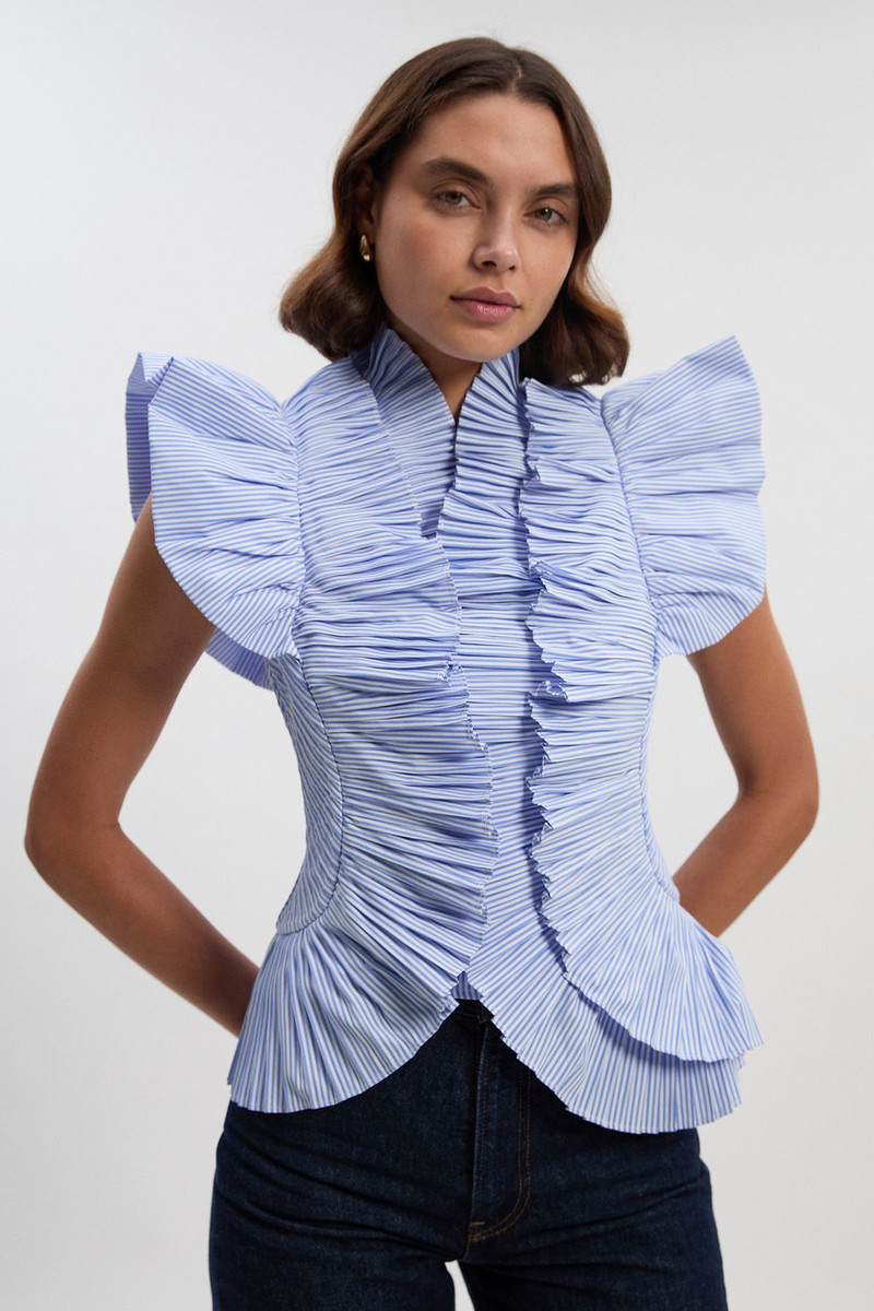 Stripe Pleated Ruffle Sleeve Woven Top 1