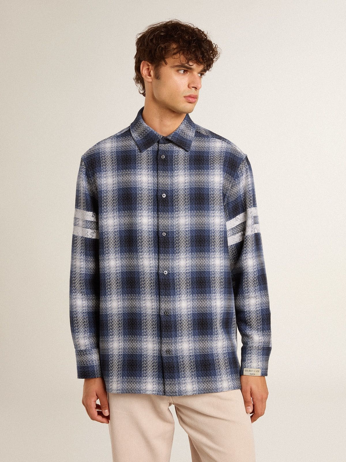 Men's blue 3D checkered shirt with print on the back - 2