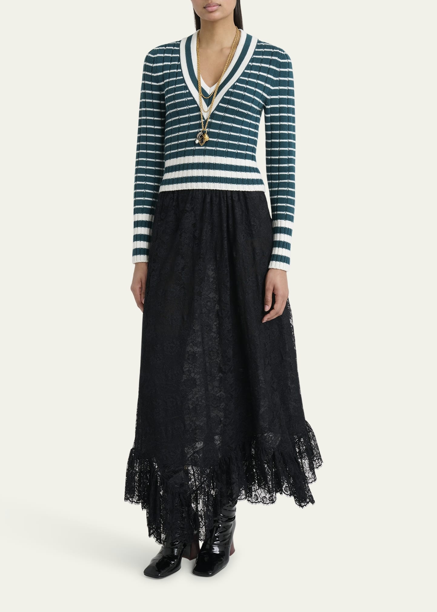 V-Neck Striped Merino Knit Sweater - 2