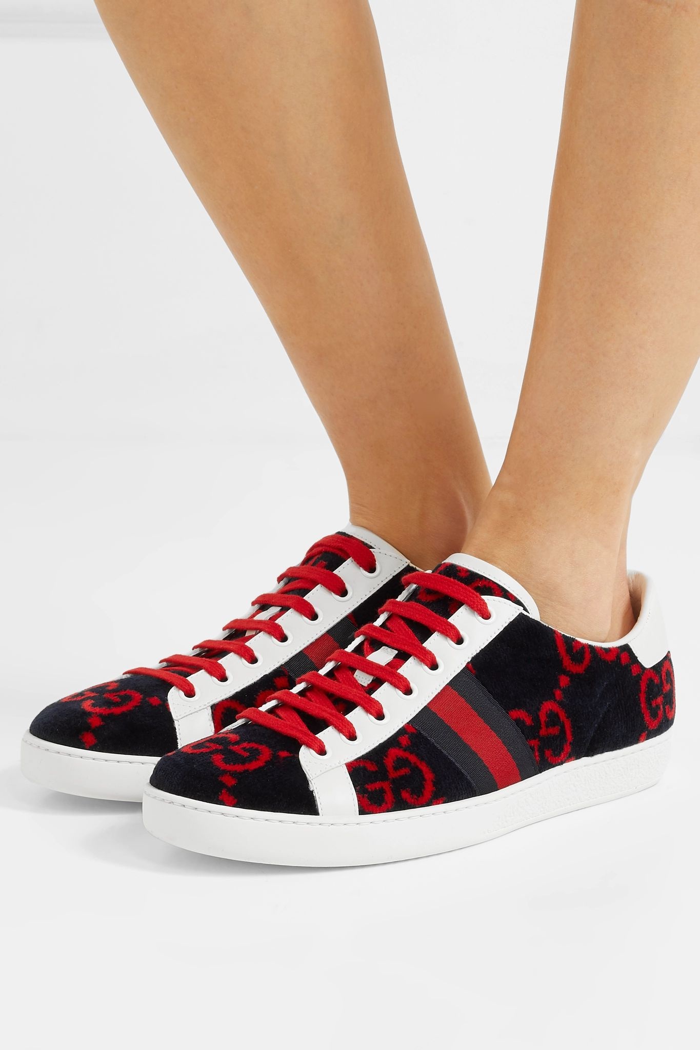 New Ace leather-trimmed logo-print velvet sneakers - 2