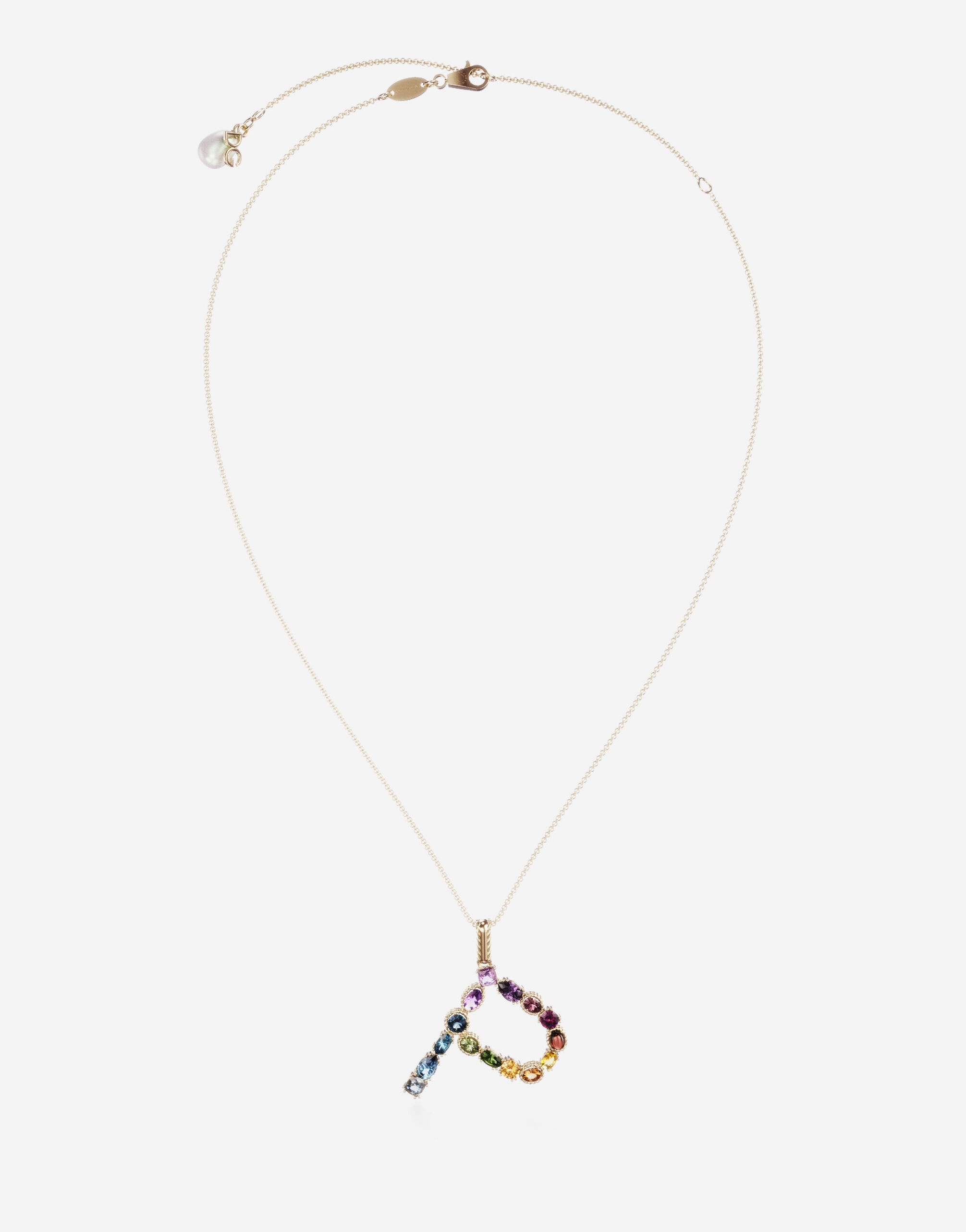 Rainbow alphabet P pendant in yellow gold with multicolor fine gems - 1