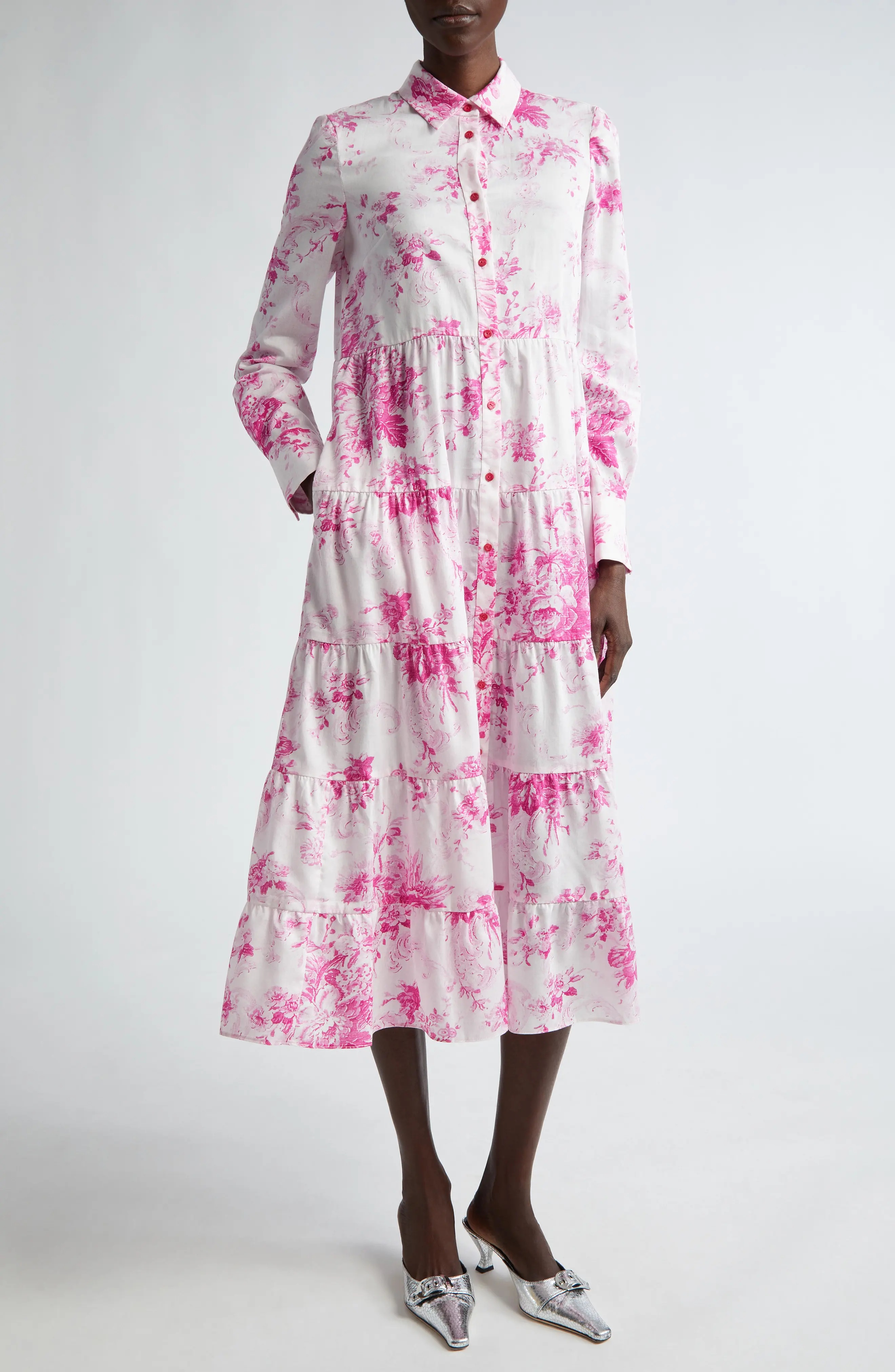 Floral Print Long Sleeve Tiered Shirtdress - 1