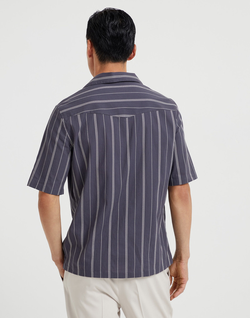 Brunello Cucinelli Textured stripe seersucker easy fit short sleeve shirt with camp collar outlook