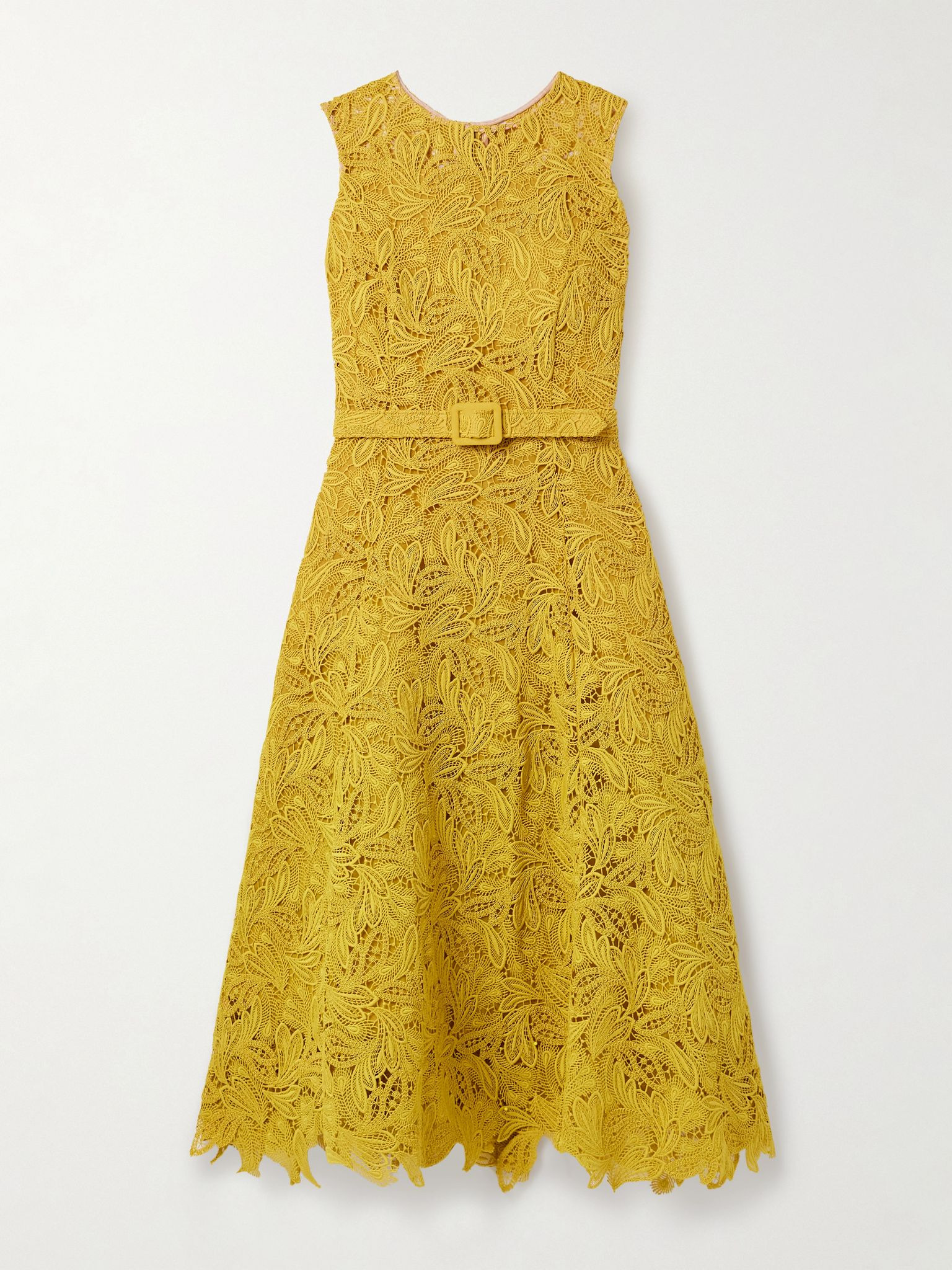 Belted guipure lace midi dress Yellow - 1
