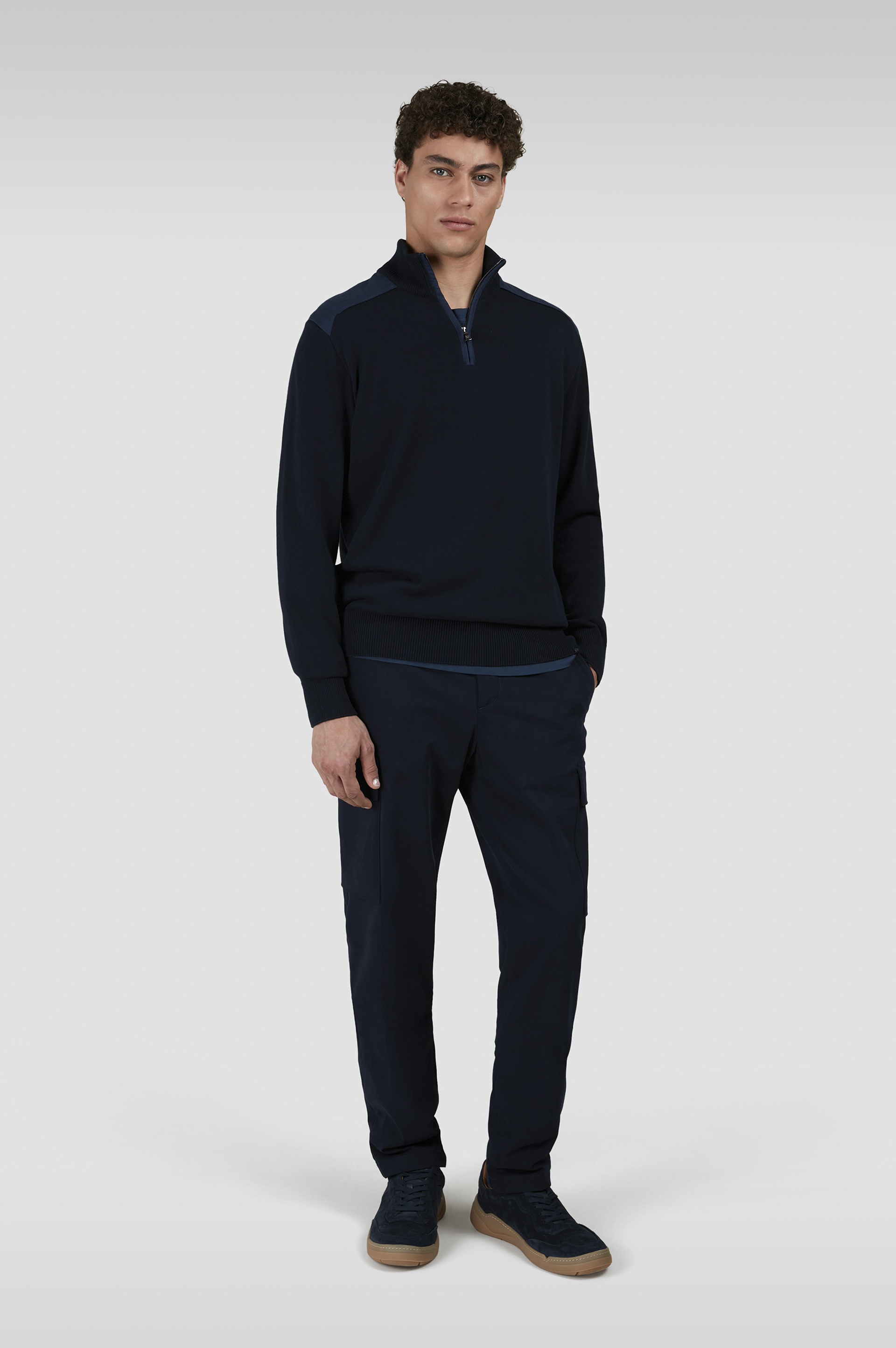 SWEATER IN FRESH COTTON WITH CONTRASTING LINEN DETAILS - 2