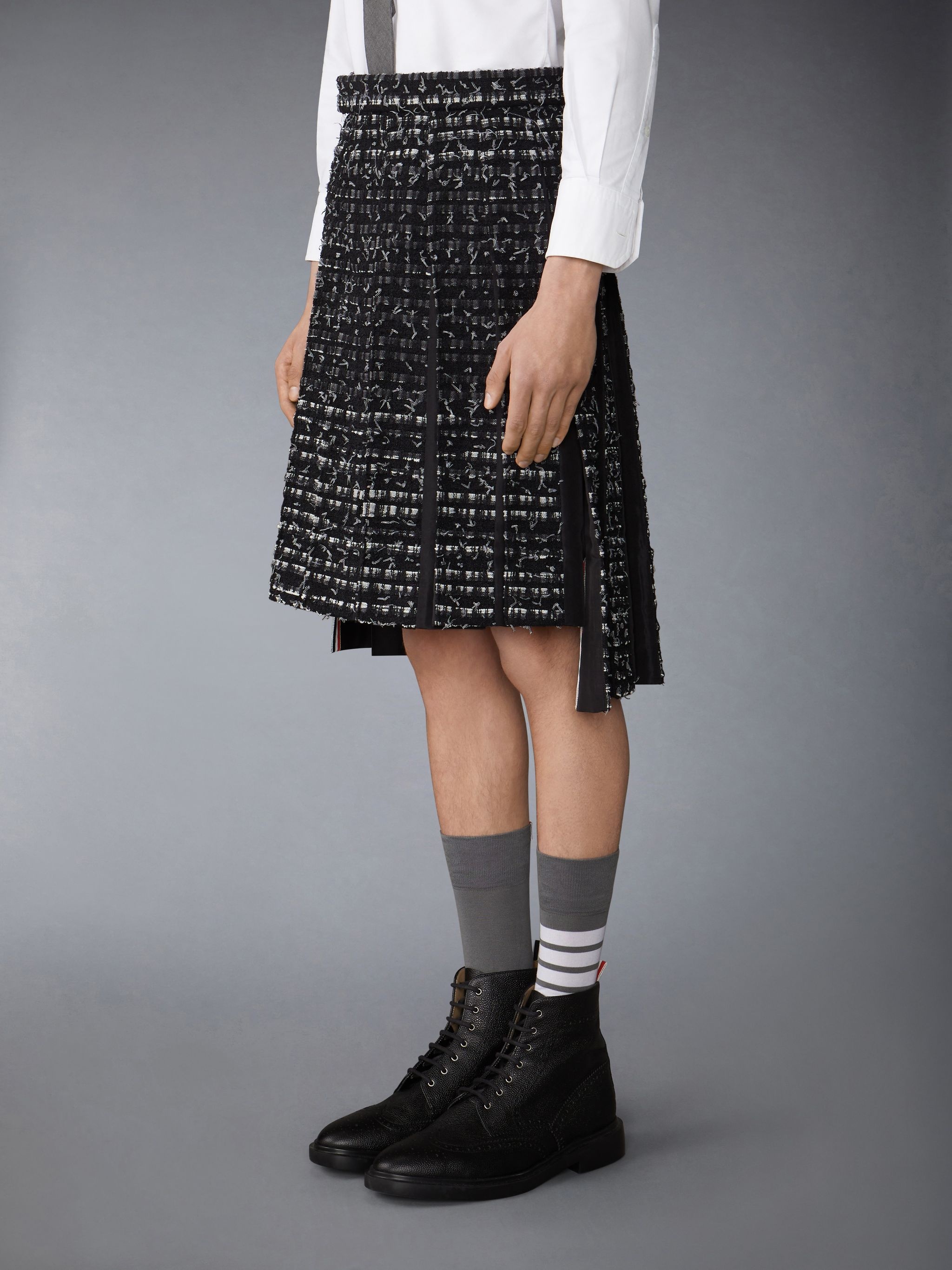Denim Ribbon Tweed Classic Rise Midi Pleated Skirt - 2
