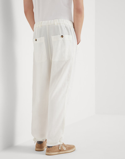 Brunello Cucinelli Garment-dyed relaxed fit trousers in linen gabardine with patch pockets and drawstring outlook