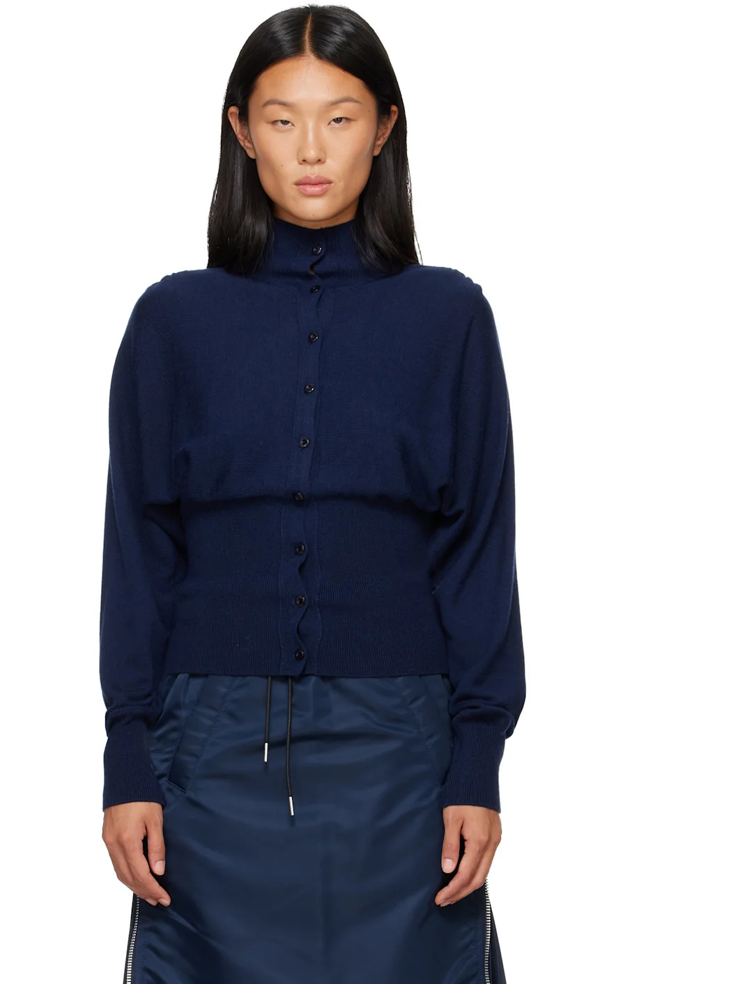 Navy Button Up Blouson Cardigan - 1