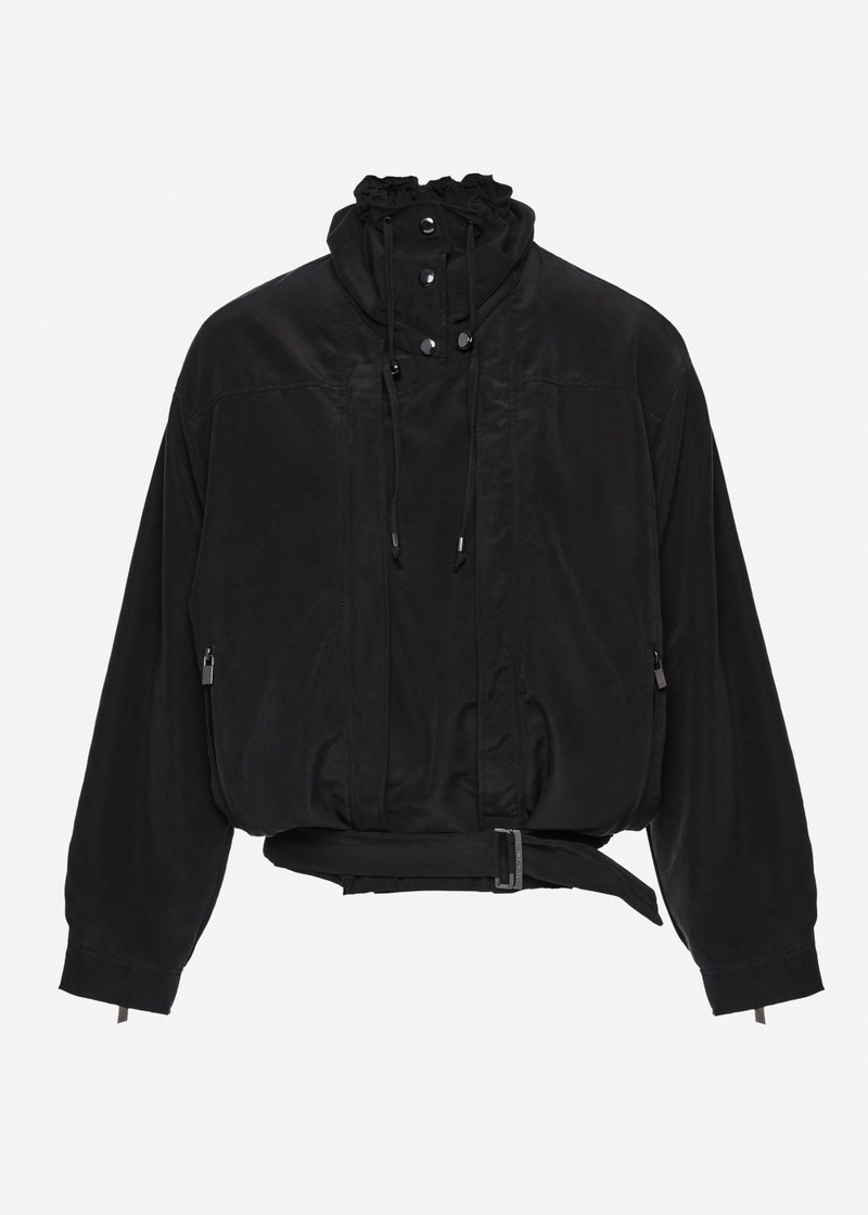 High-neck silk bomber jacket in black 1