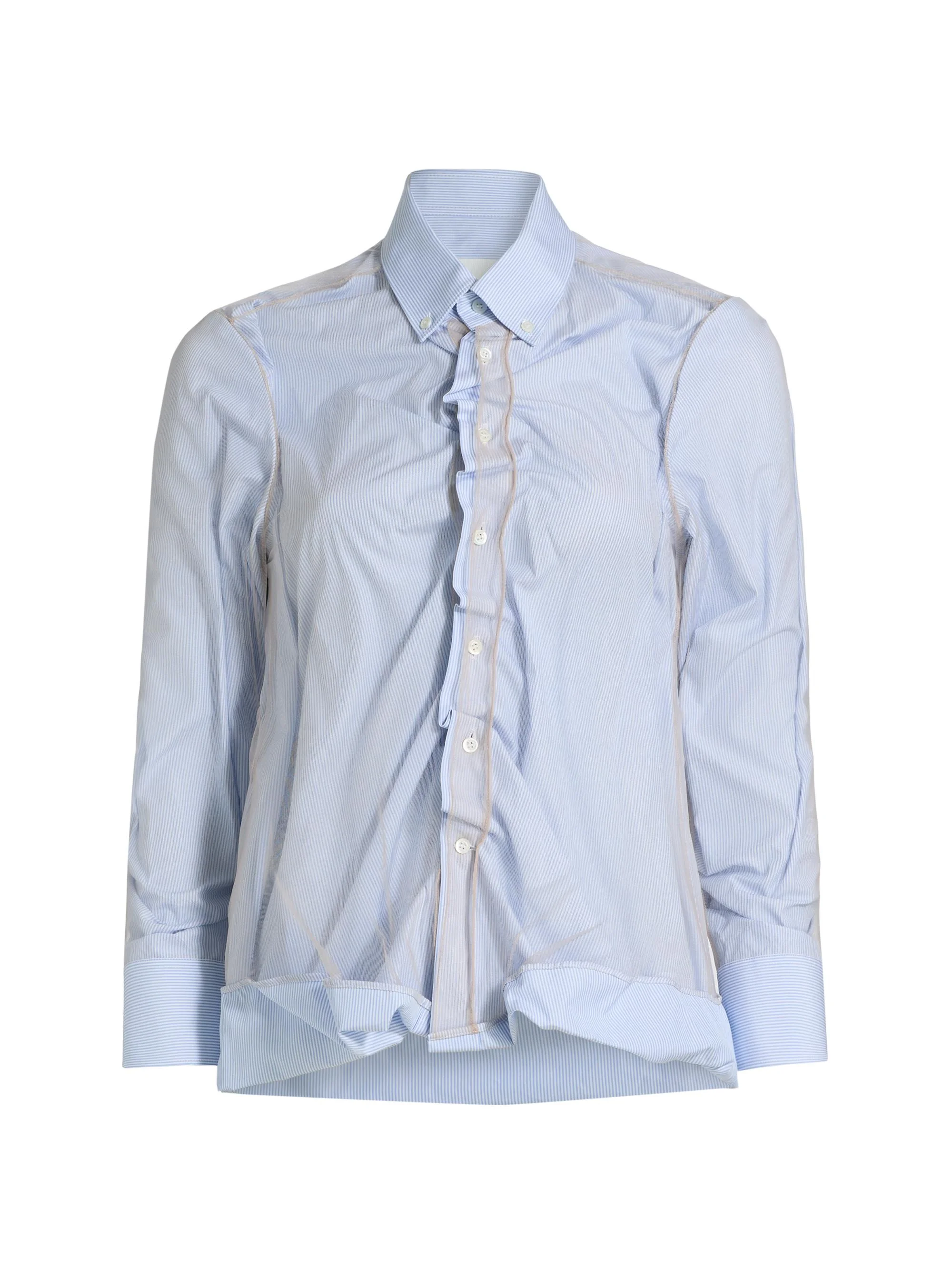 Women's Crinkled Stripe Cotton Button-Down Shirt - Light Blue Stripe - 1