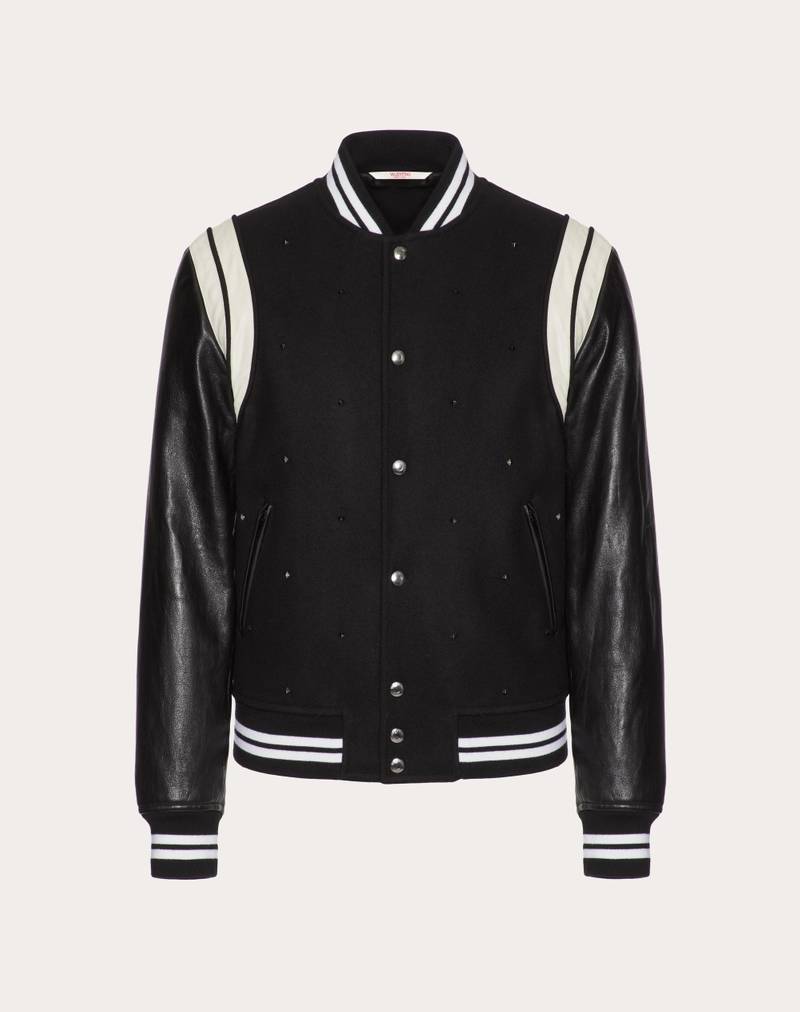 ALL-OVER ROCKSTUD SPIKE WOOL CLOTH AND LEATHER BOMBER JACKET 1