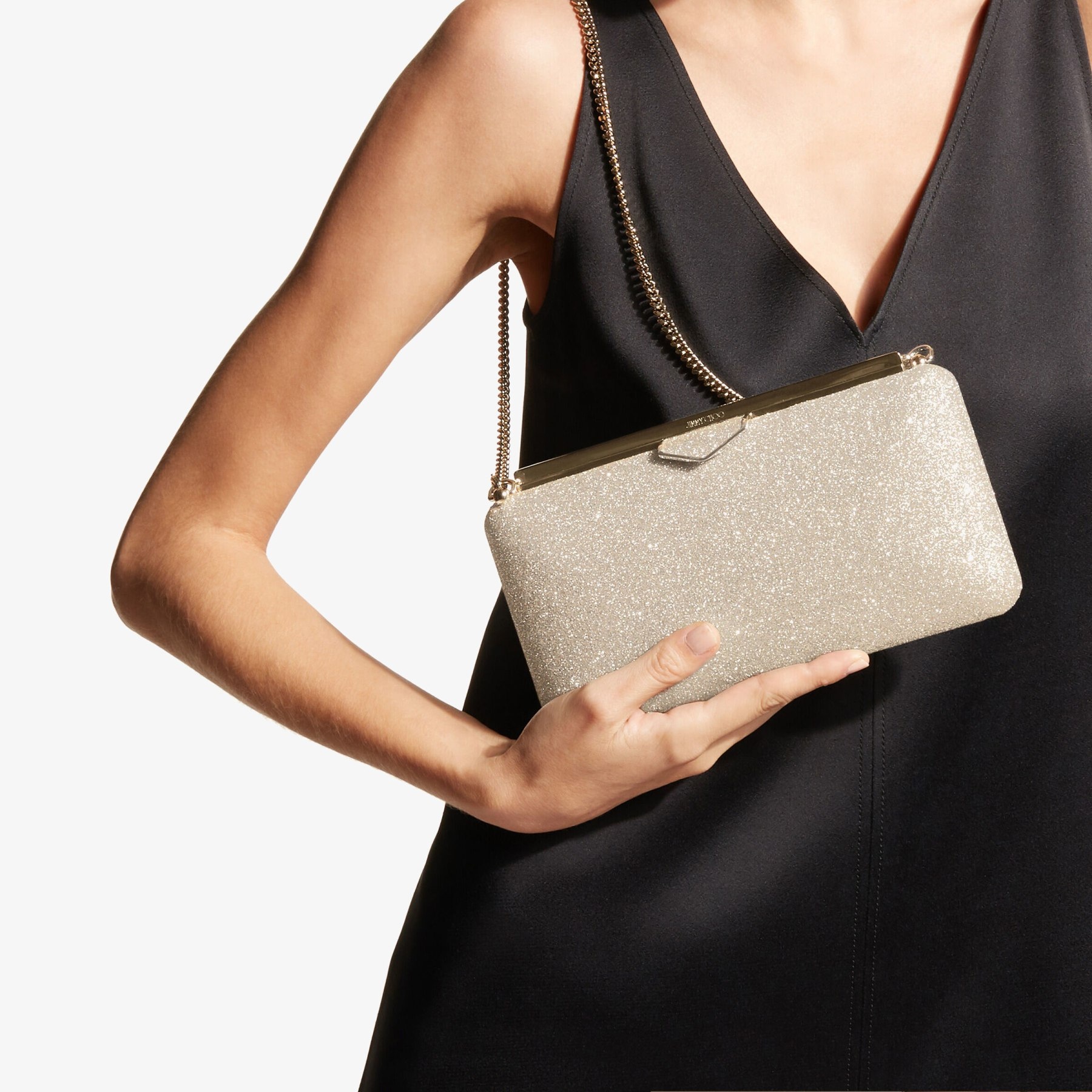 JIMMY CHOO Ellipse Platinum Ice Dusty Glitter Clutch Bag REVERSIBLE