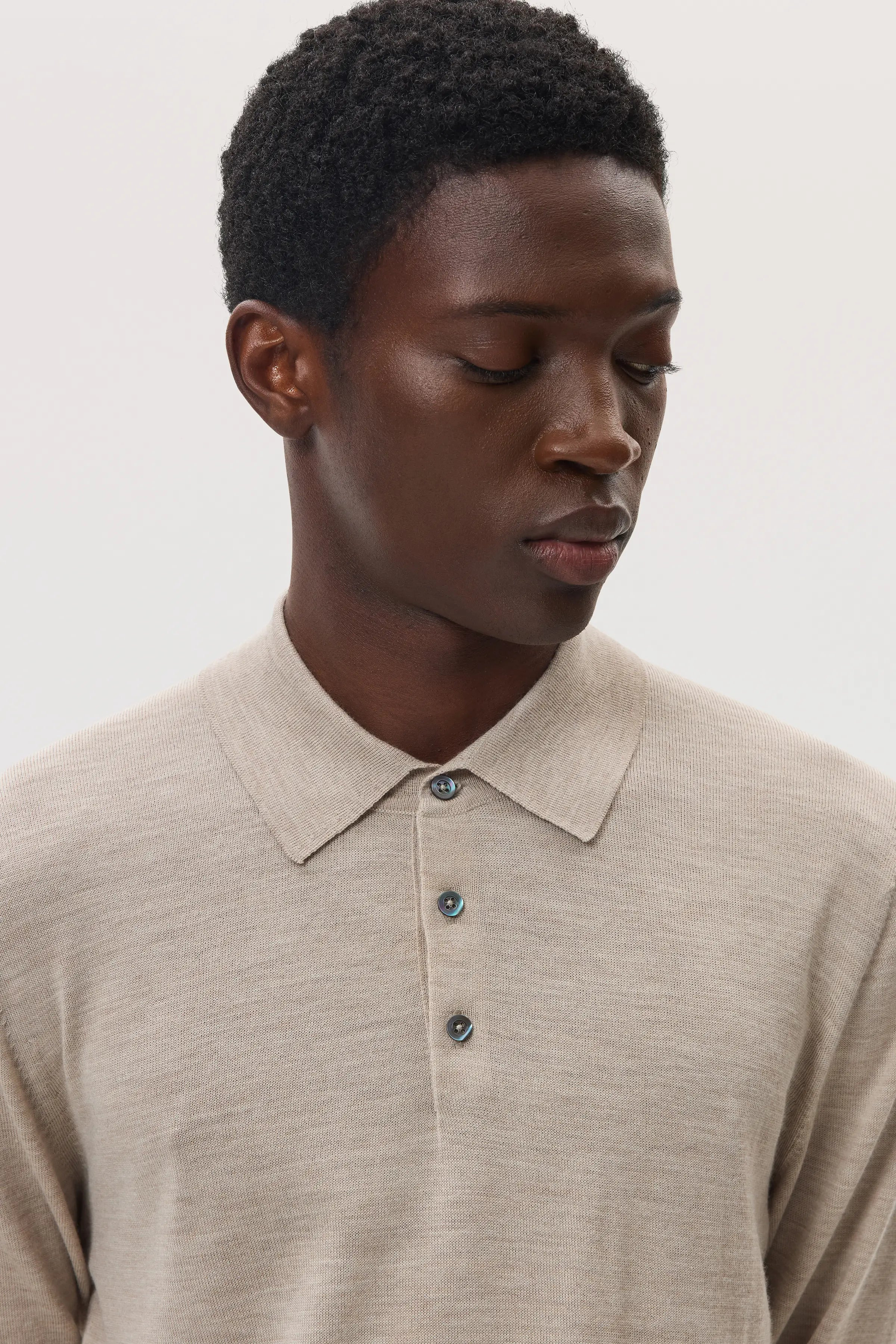 Merino Long Sleeve Natural Polo Shirt - 3