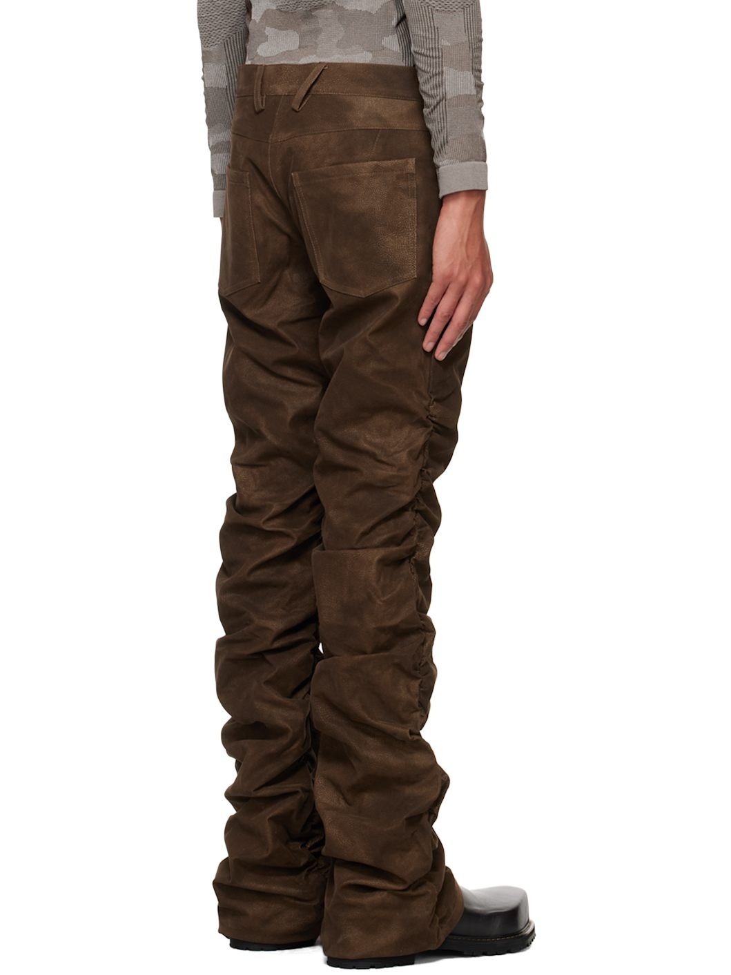 Brown Ruched Faux-Leather Trousers - 3