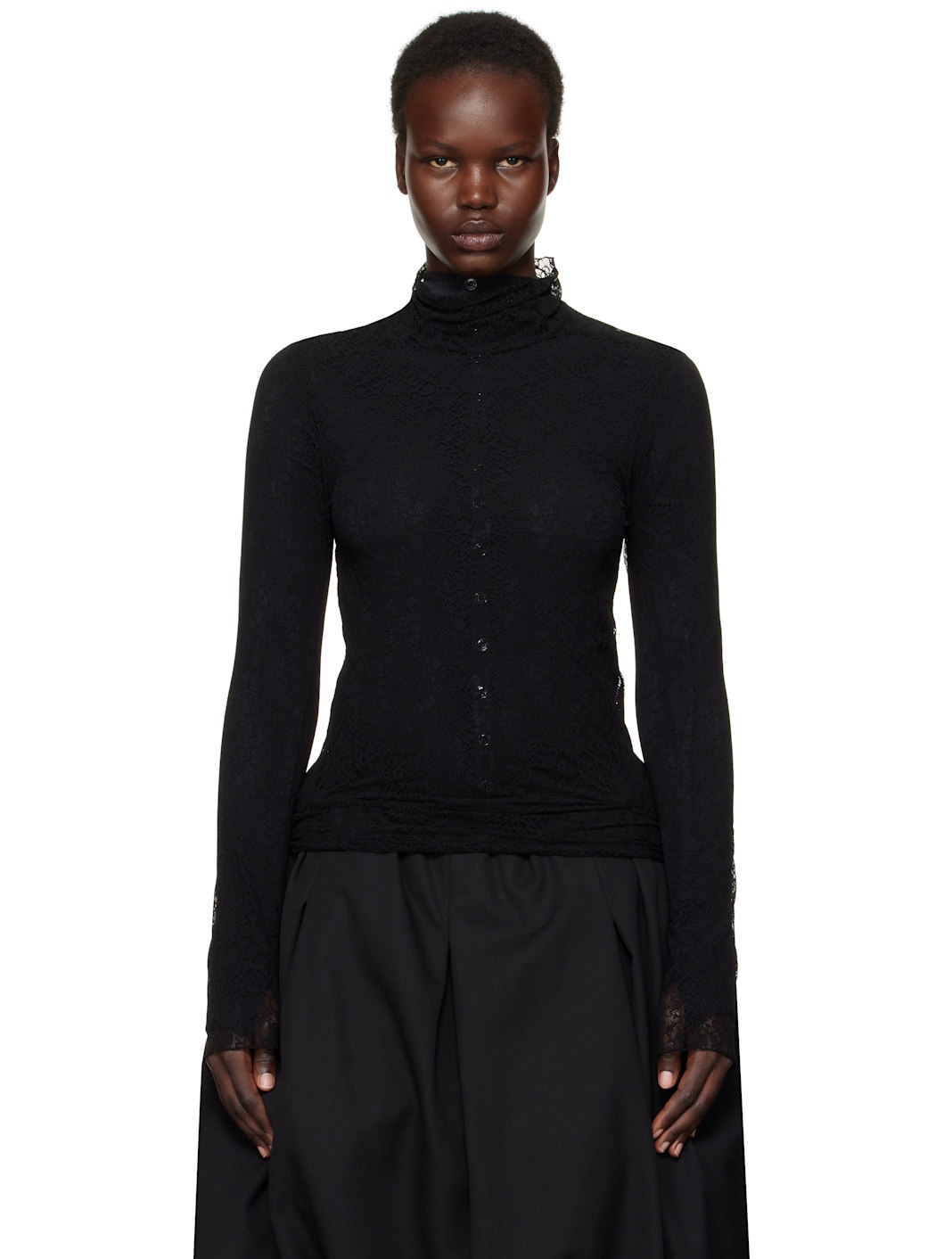 Black Stretch Lace Turtleneck - 1