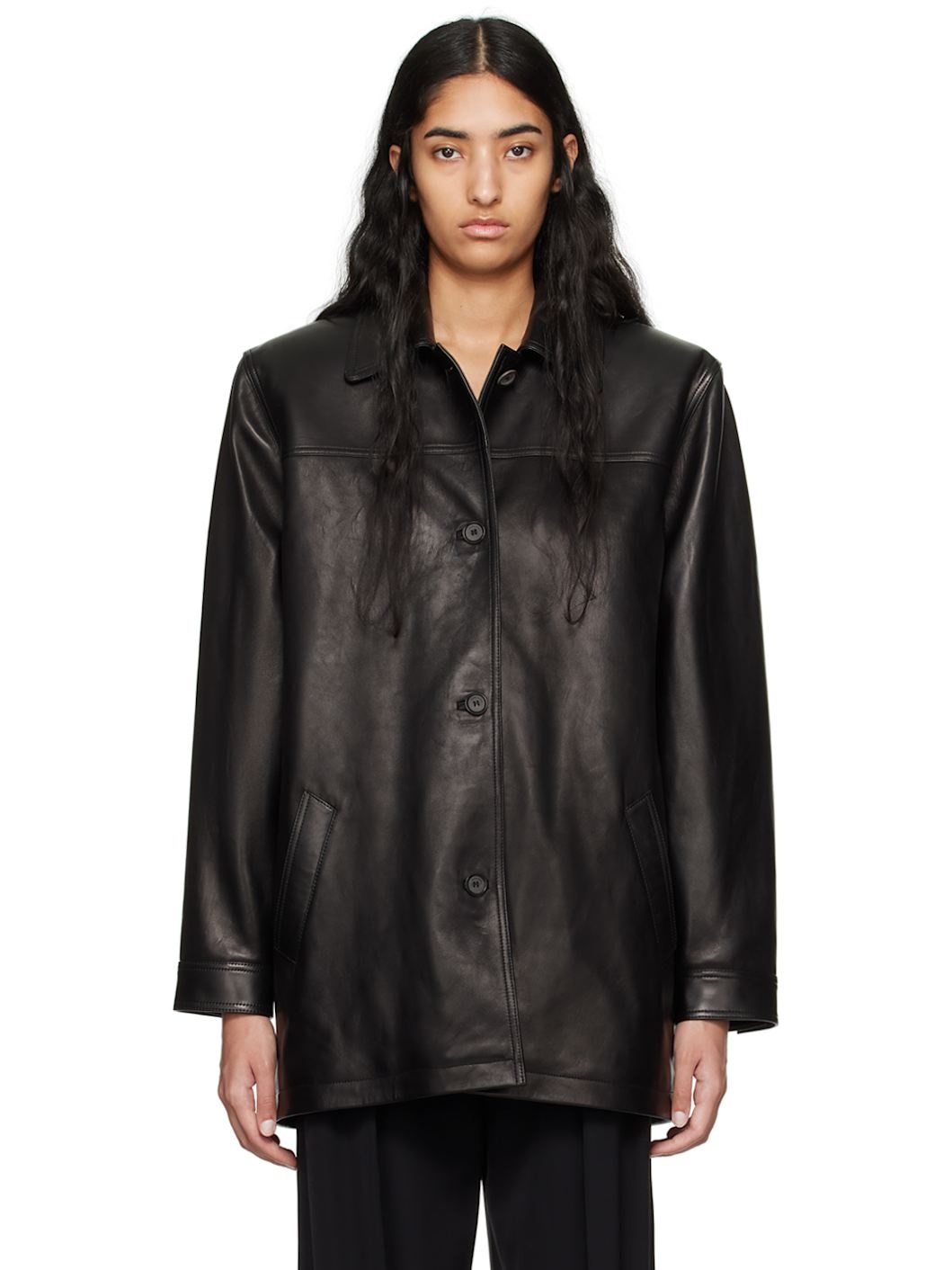 Black Oversized Button Up Leather Jacket - 1