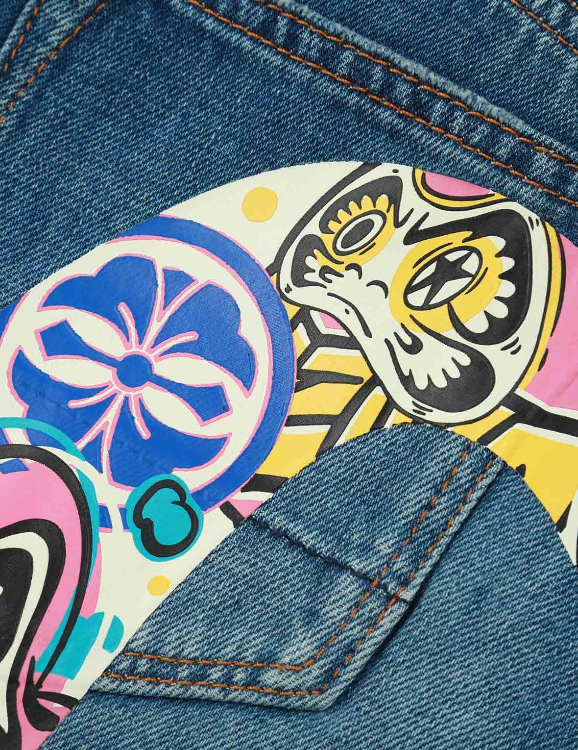 GRAFFITI DARUMA DAICOCK PRINT DENIM SHORTS - 8