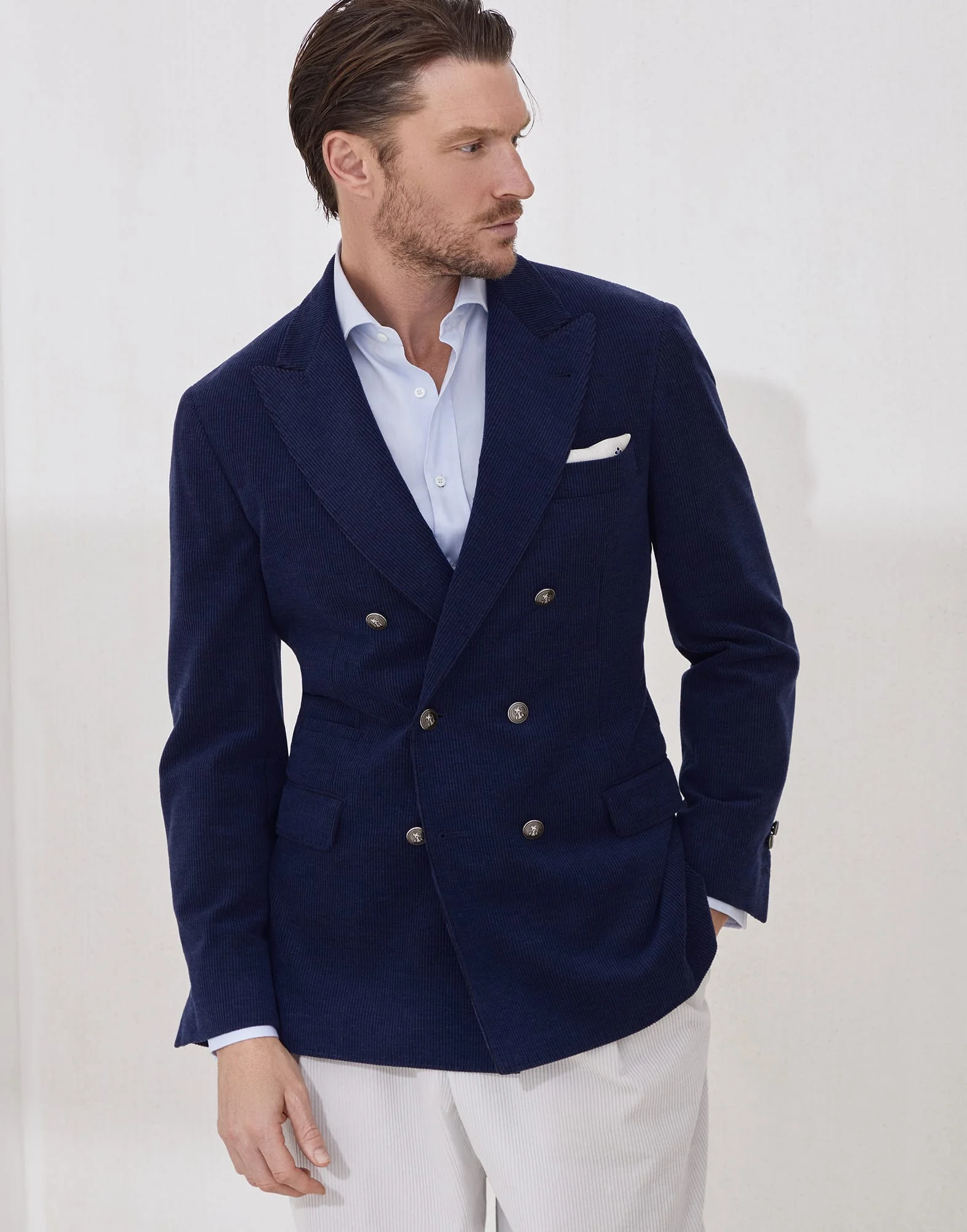 Wool, silk and cashmere corduroy one-and-a-half breasted deconstructed blazer with metal buttons - 1