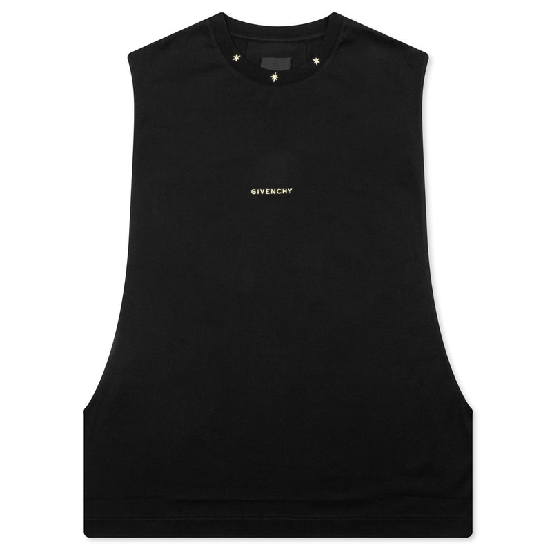 STAR PRINT SLEEVELESS BIG ARMHOLE T-SHIRT - BLACK 1