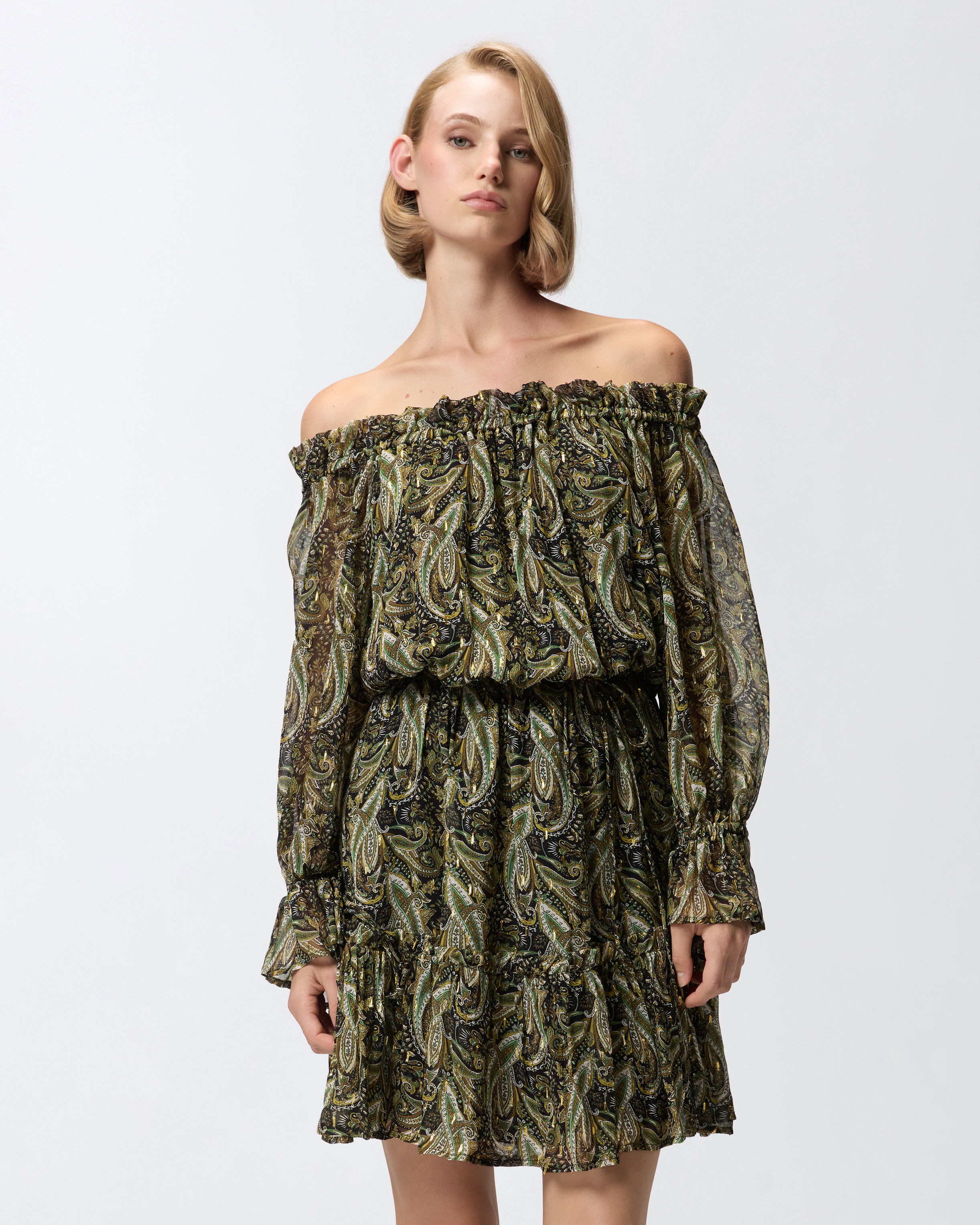 OFF-THE-SHOULDER MINI DRESS WITH CASHMERE PRINT - 2