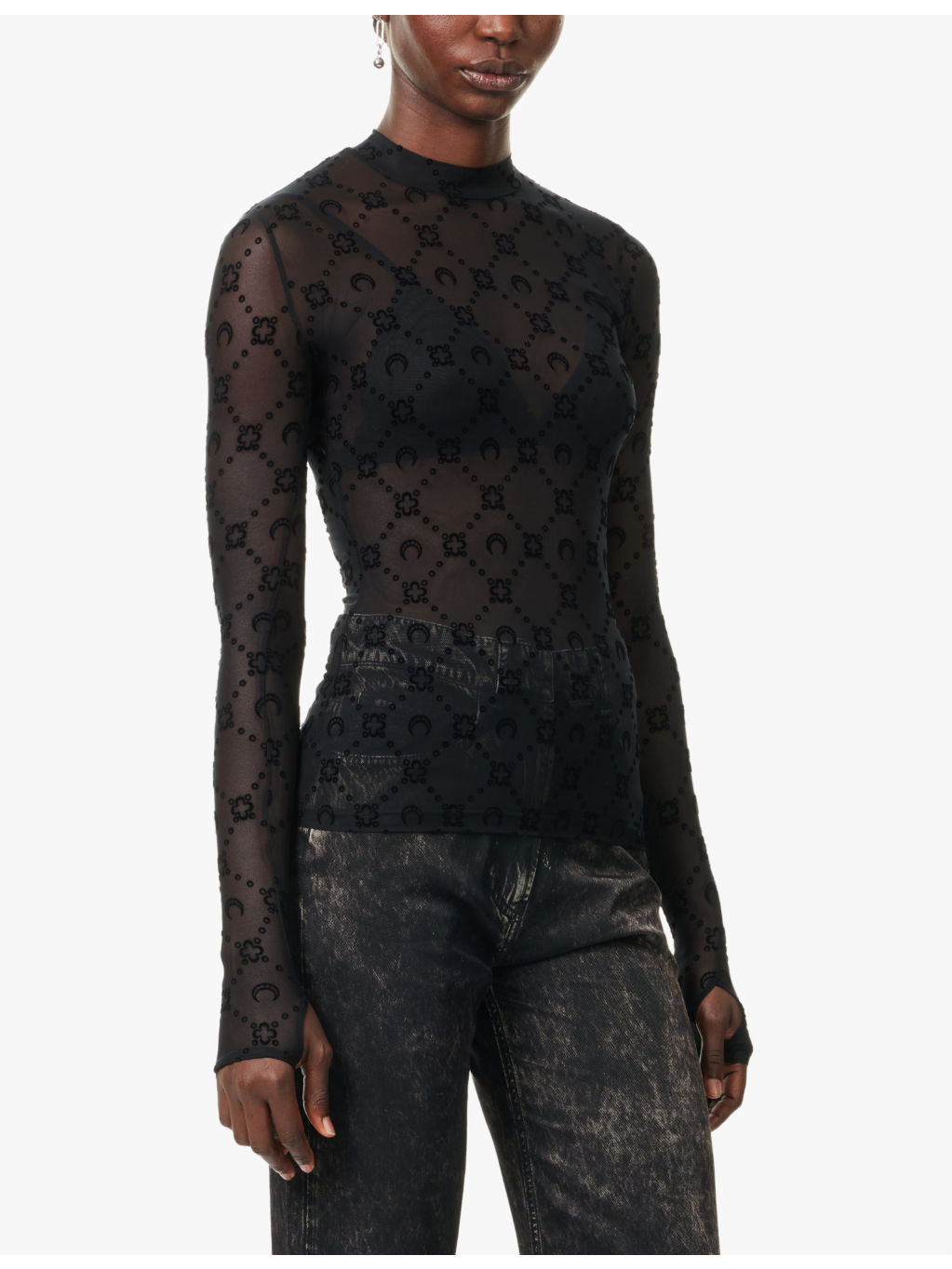 Moonogram-flocked high-neck mesh top - 3