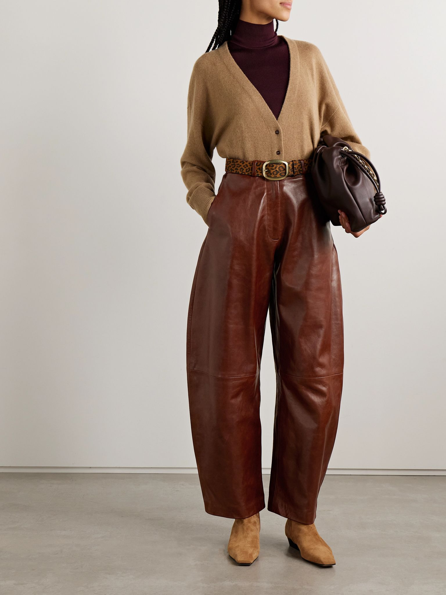 Leather barrel-leg pants Brown - 2