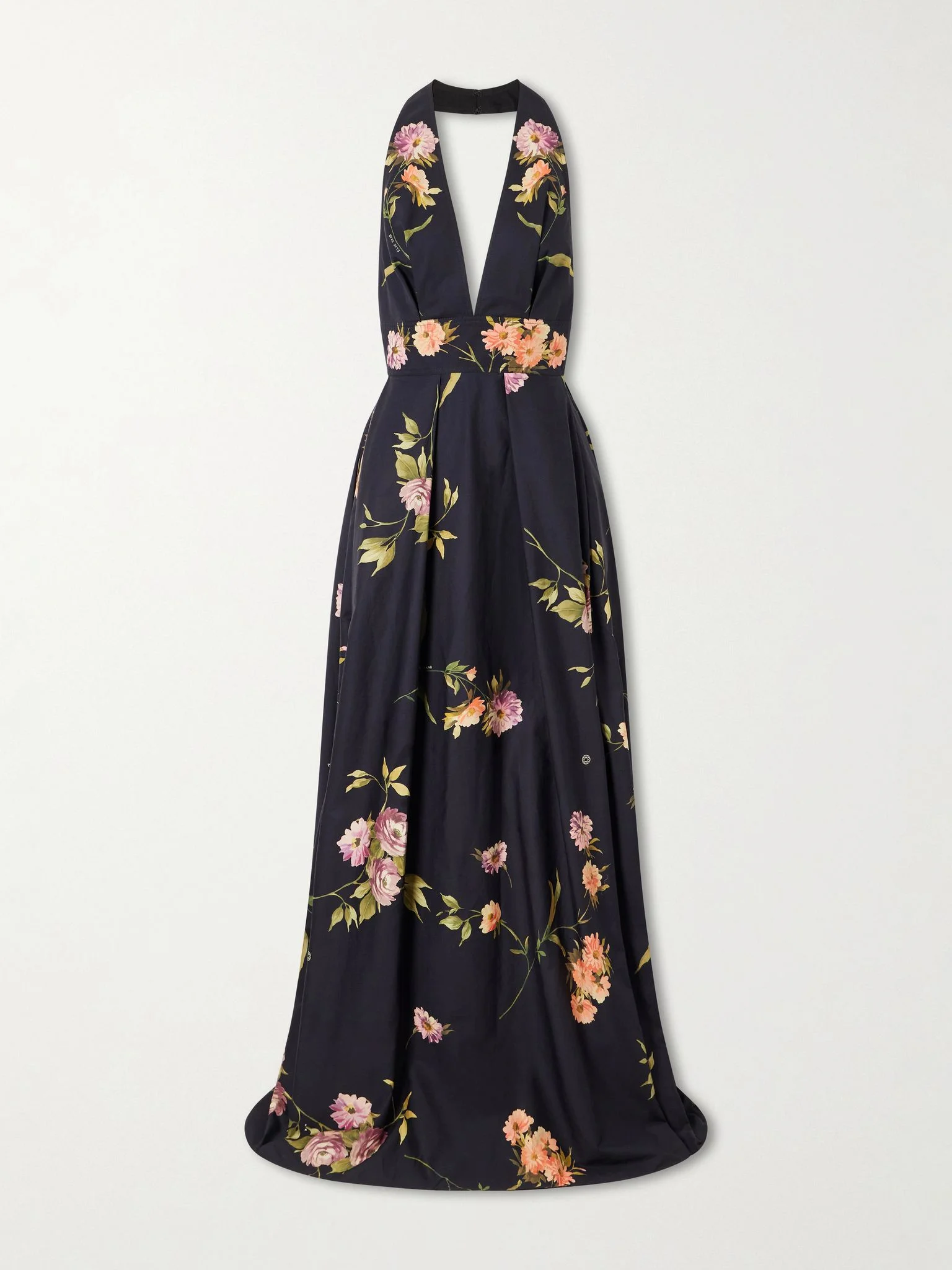 Pleated floral-print cotton-poplin halterneck gown Navy - 1