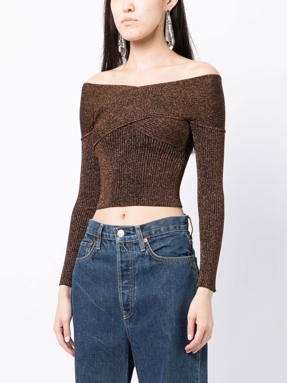 off-shoulder metallic knitted top - 3