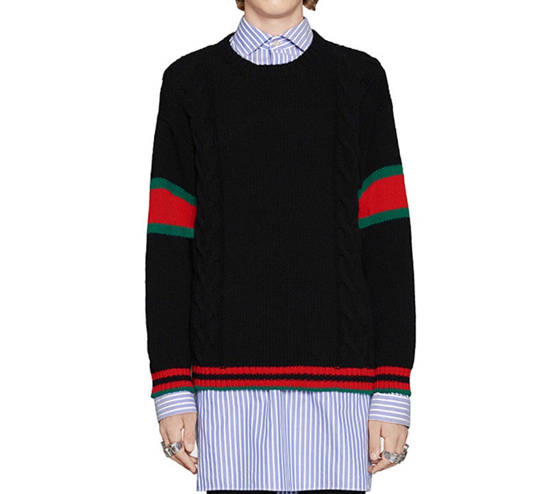 Gucci Chucky Grg Long-Sleeved Sweater With Striped Round Neck At Hem Cuffs For Men Black 548115-X156 - 4