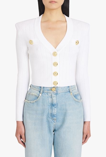 Cropped white eco-designed cardigan with gold-tone buttons - 5