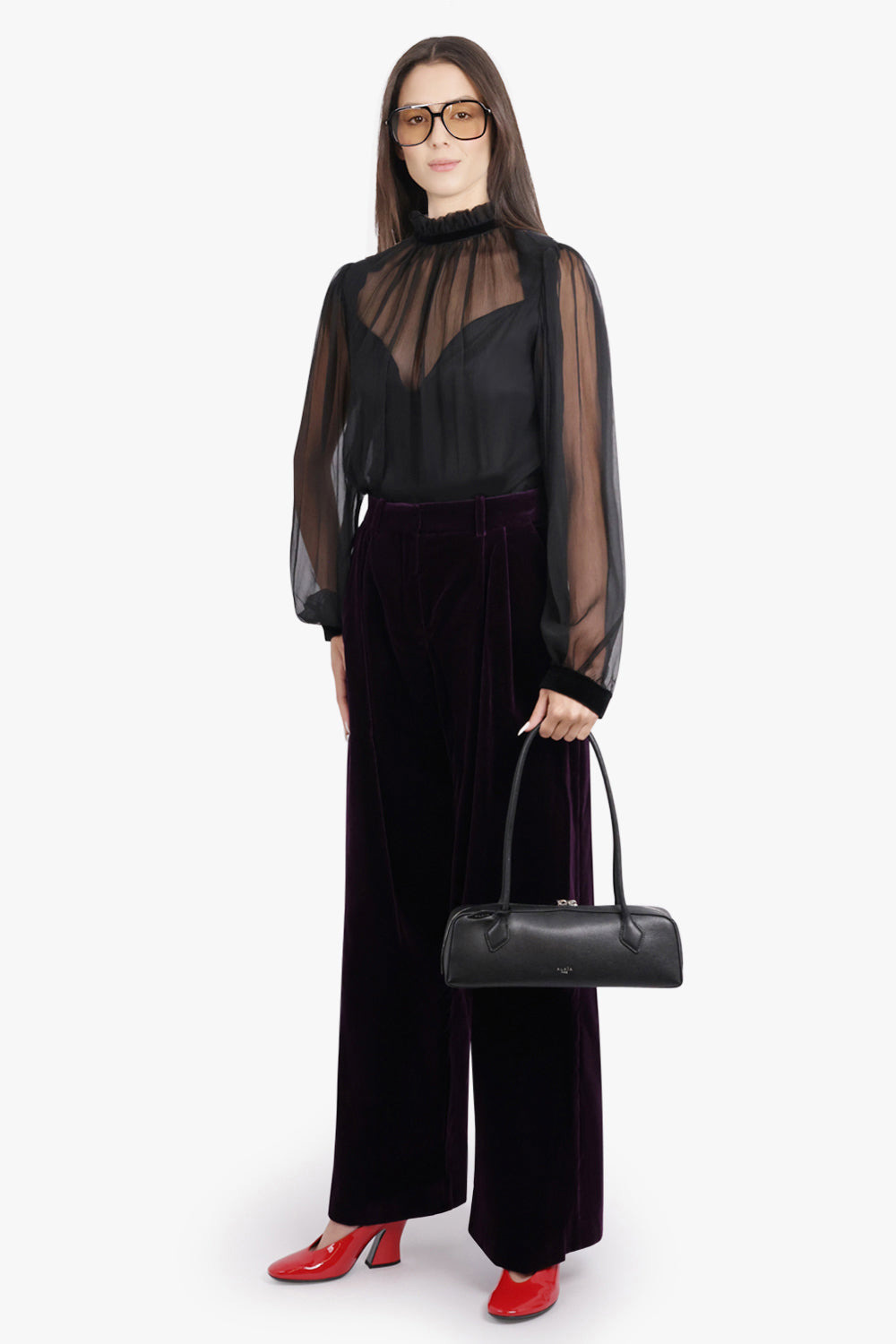 RUFFLED HIGH NECK SHEET TOP WITH FITTED UNDERLAY | BLACK - 2