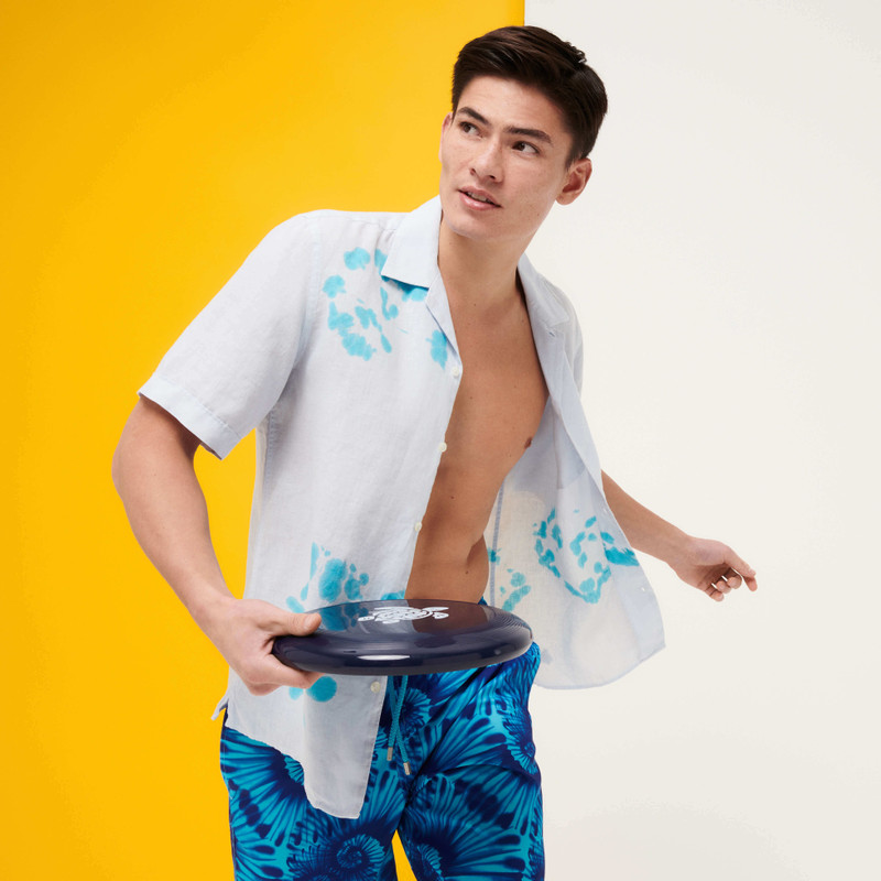 Men Bowling Shirt Linen and Cotton Snail Tie & Dye 7