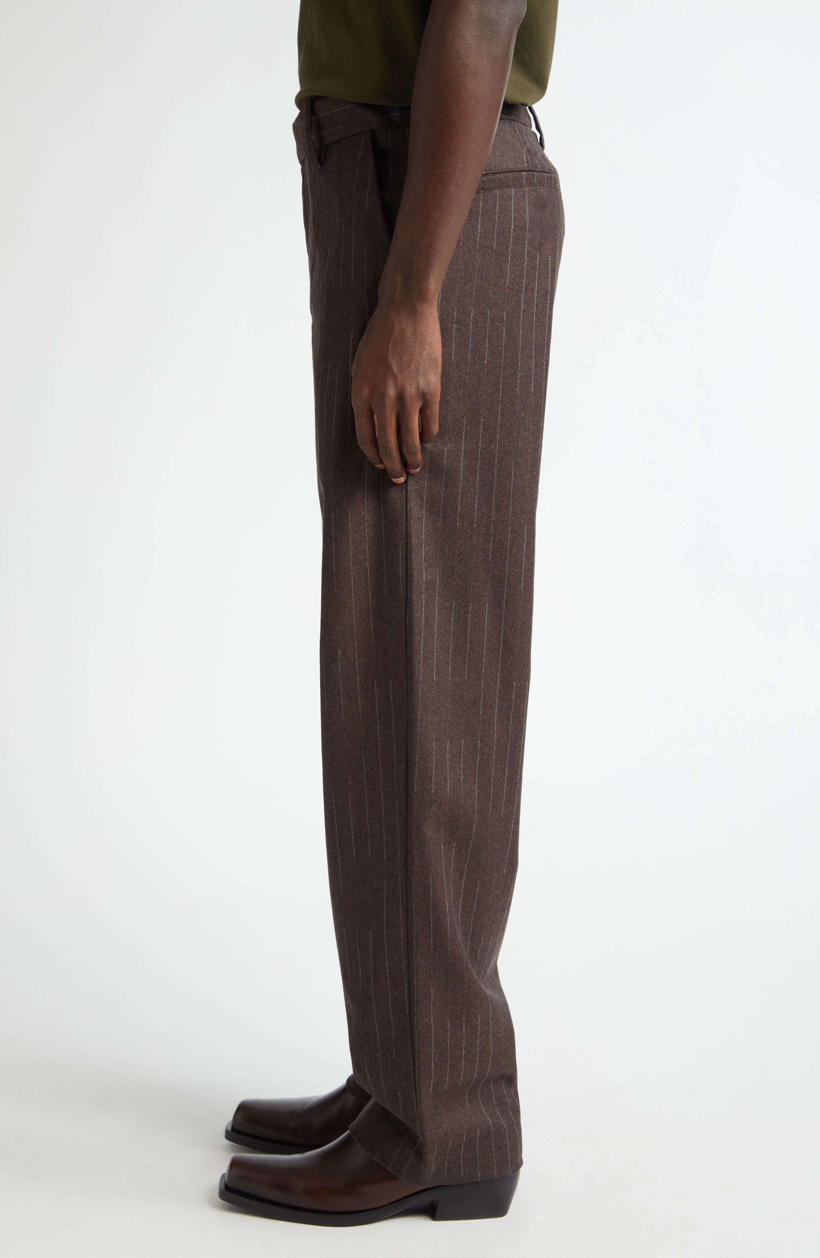The Elder Statesman Chalk Stripe Flat Front Wool & Cashmere Trousers in Brown at Nordstrom - 4