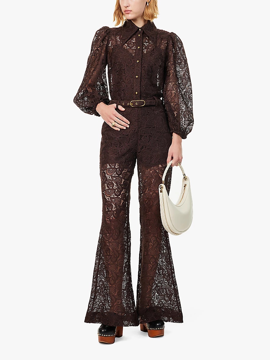 Buckle belt flared-leg high-rise lace trousers - 2