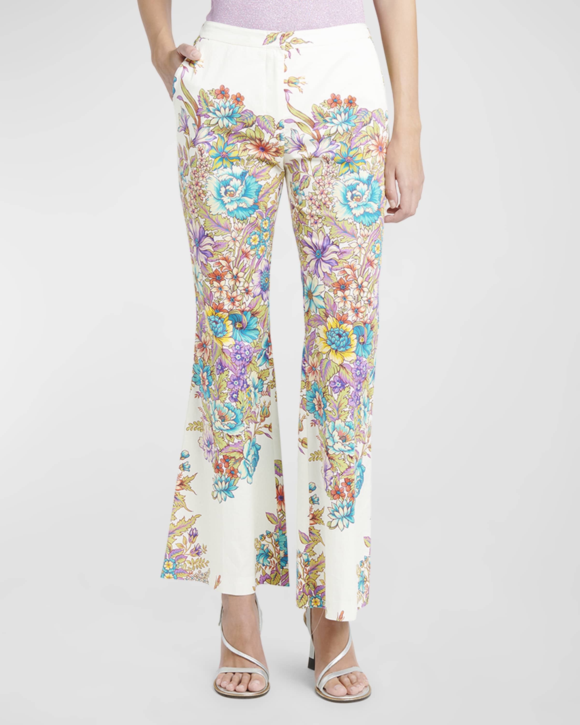 Mid-Rise Engineer Bouquet Floral-Print Flared Ankle Cotton Pants - 2