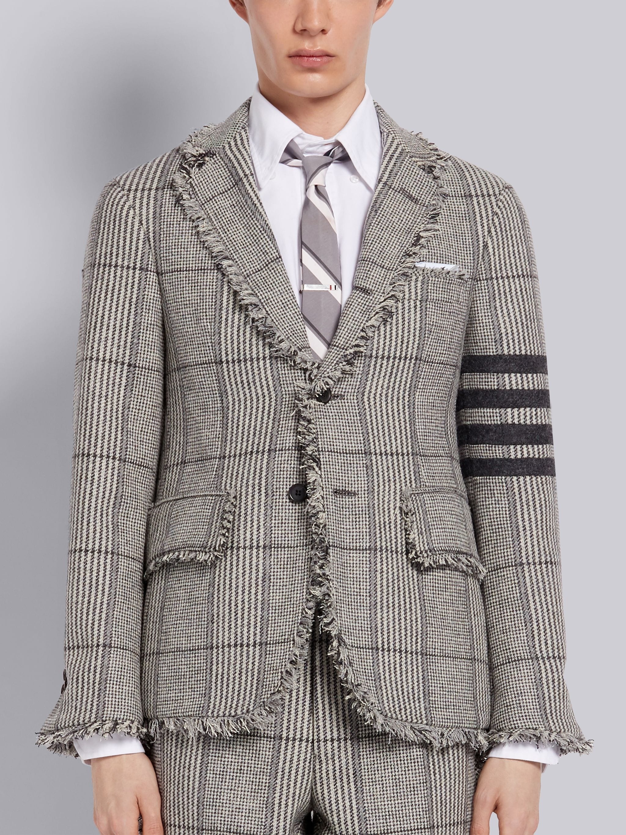 Black and White Prince of Wales Oversize Check Wool Hunting Tweed Frayed Unconstructed Classic Jacke - 1