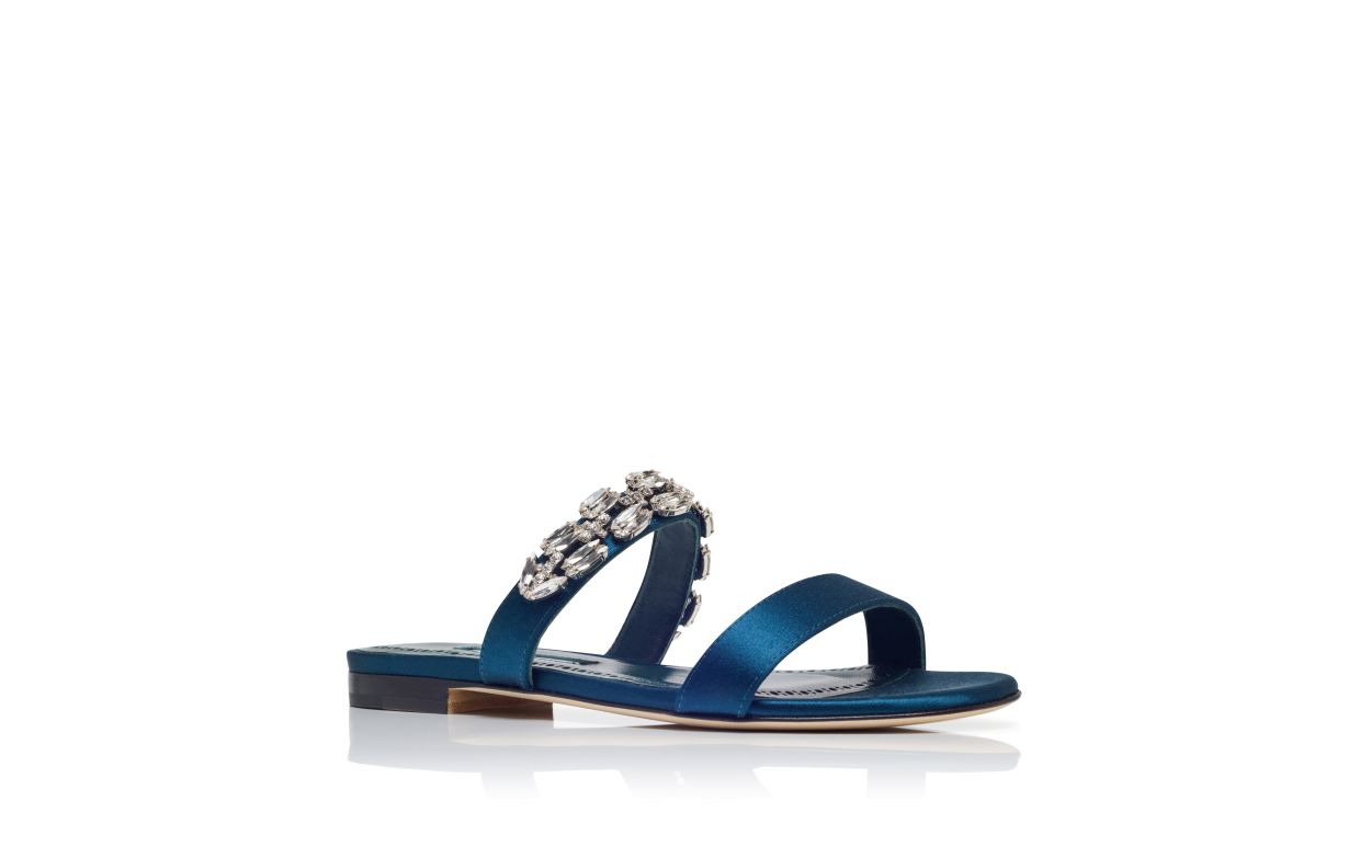 Navy Blue Satin Embellished Flat Sandals - 3