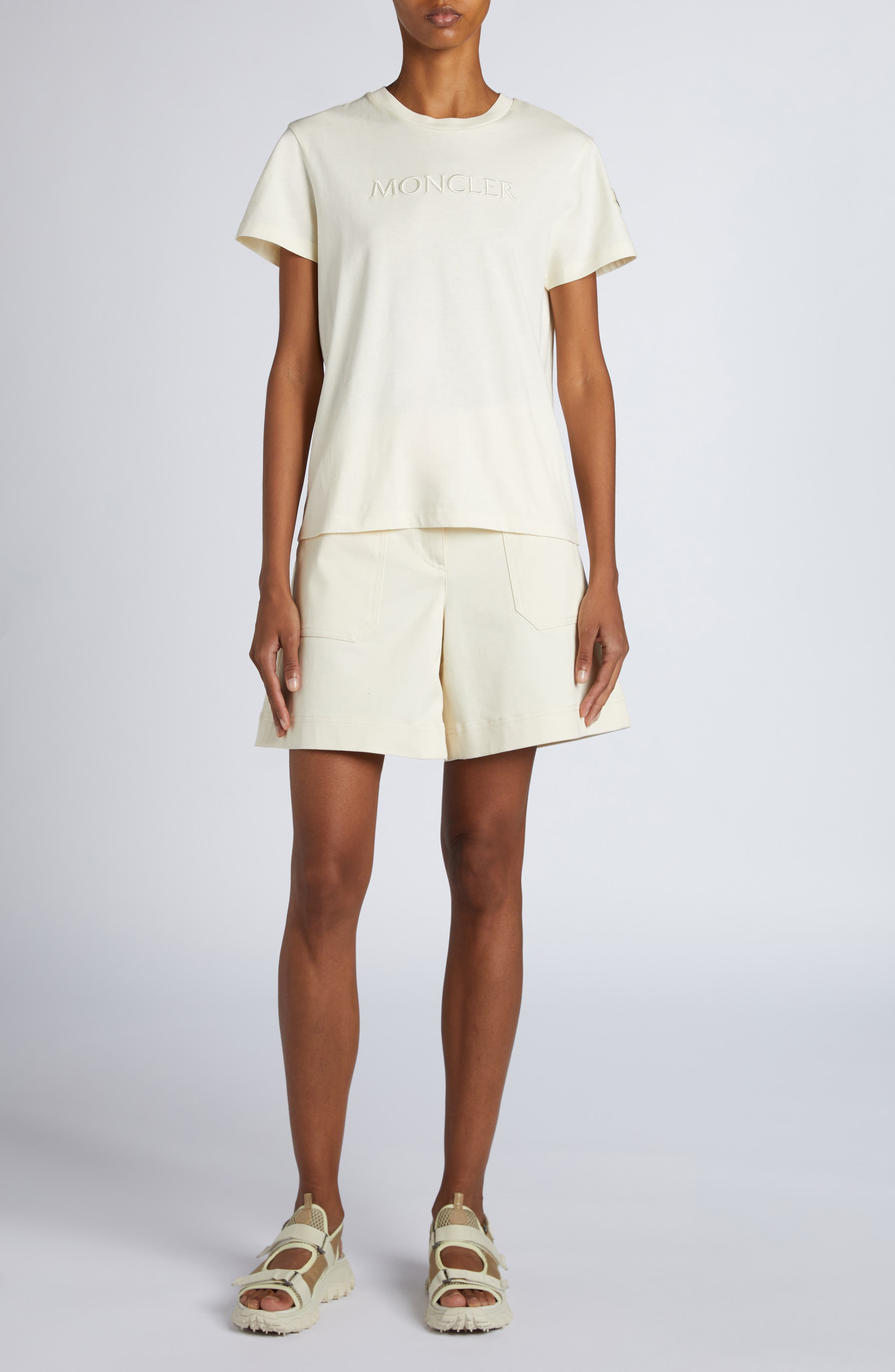 Moncler Logo Embroidered Cotton T-Shirt in White Onyx at Nordstrom - 2