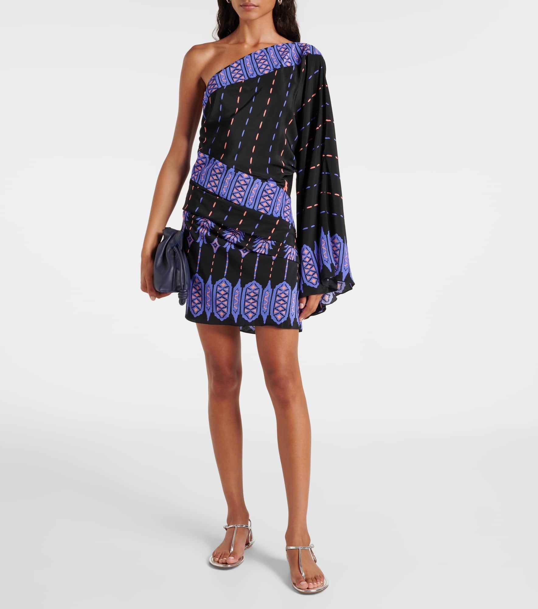 Printed one-shoulder silk minidress - 2