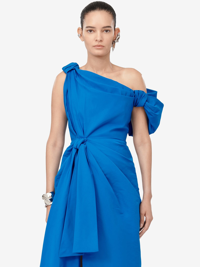 Women's Knotted Asymmetric Pencil Dress in Lapis Blue 6