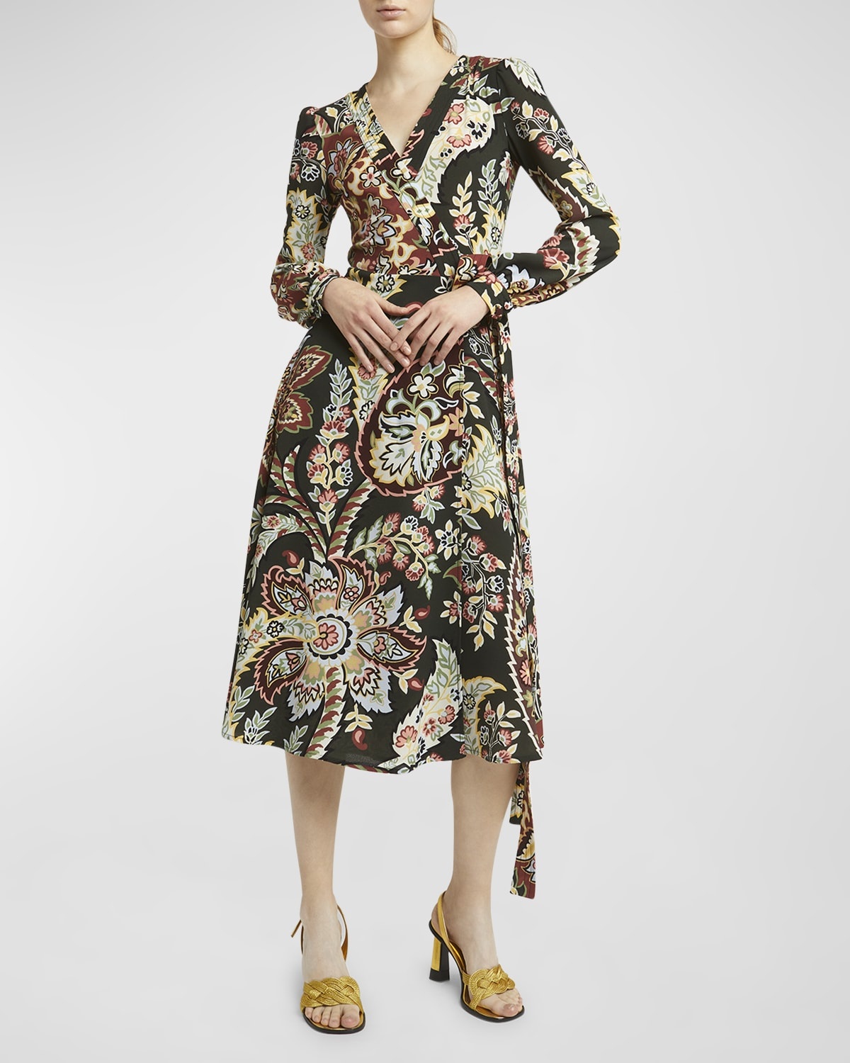 Blossom-Print Long-Sleeve Midi Wrap Dress - 7