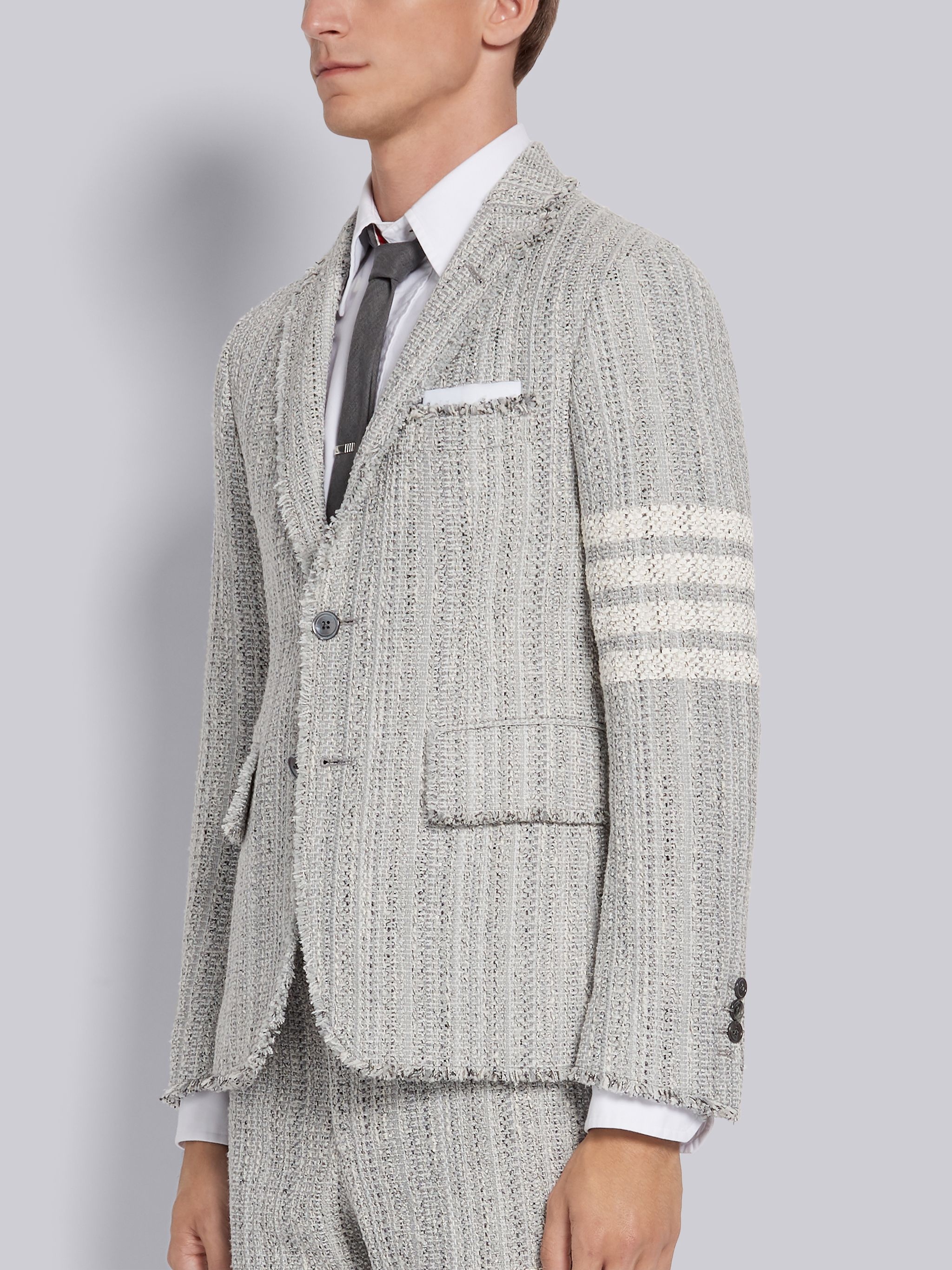 Light Grey Cotton Tweed Fray Edge 4-Bar Classic Unconstructed Jacket - 2