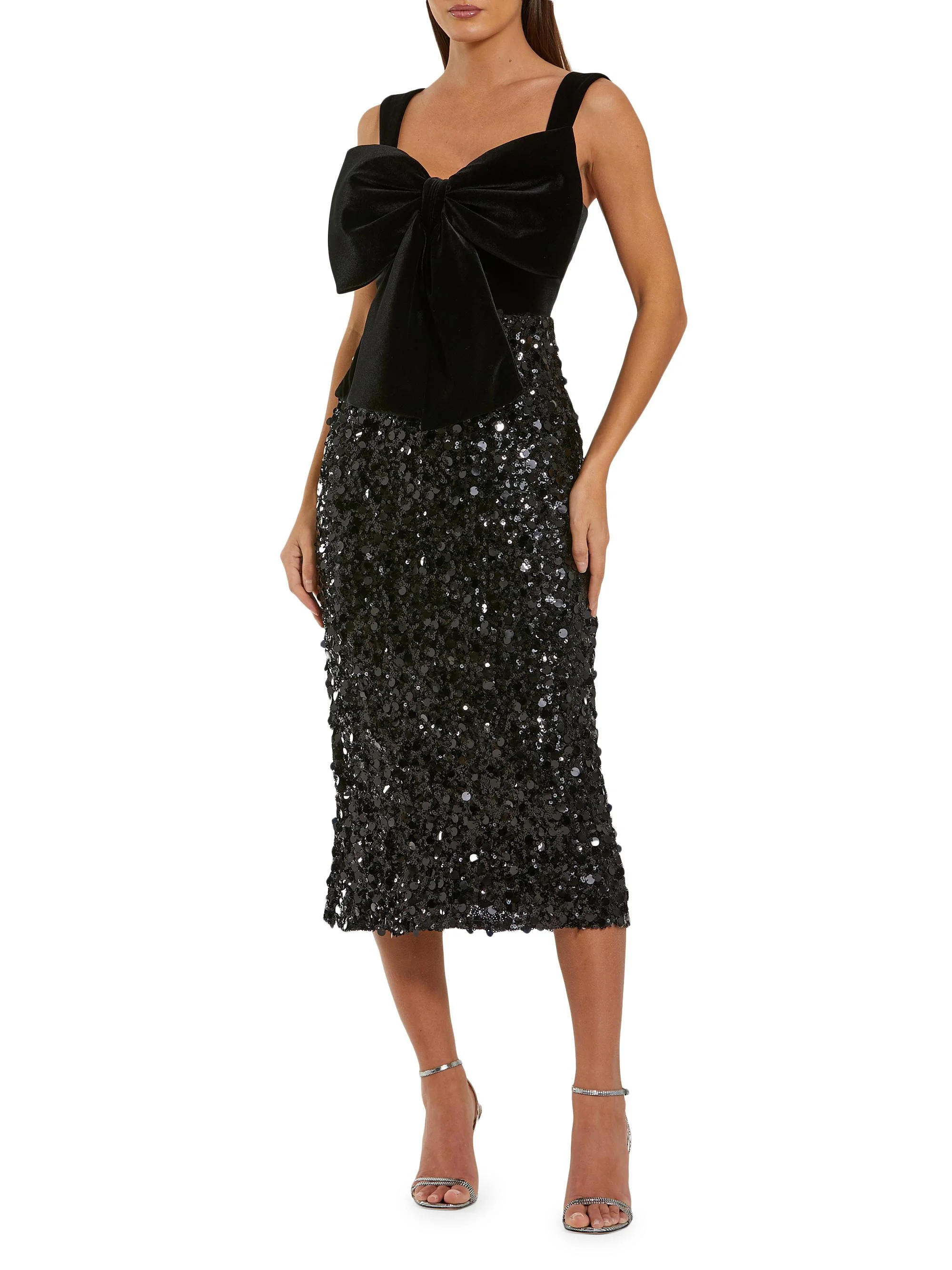 Women's Velvet Bow Sequined Midi-Dress - Black - 1