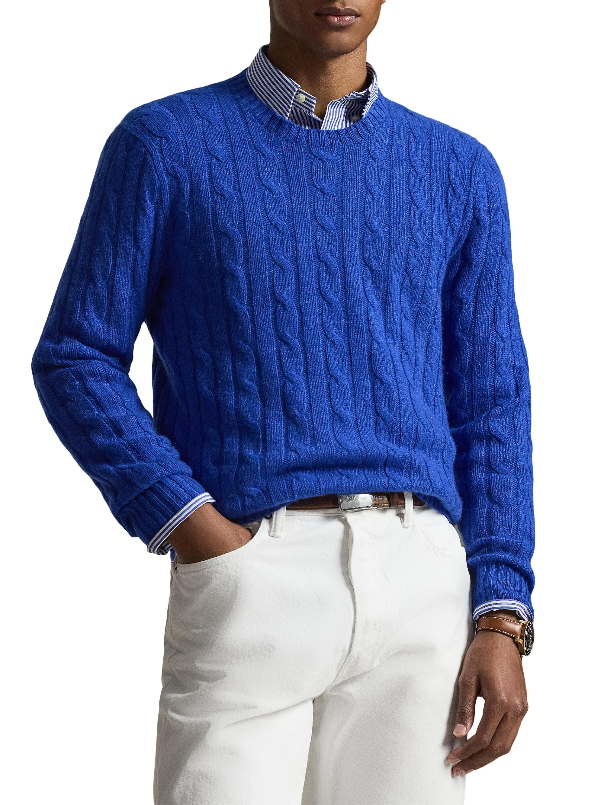 Men's Cashmere Cable-Knit Sweater - Benitoite Blue Hthr - 1
