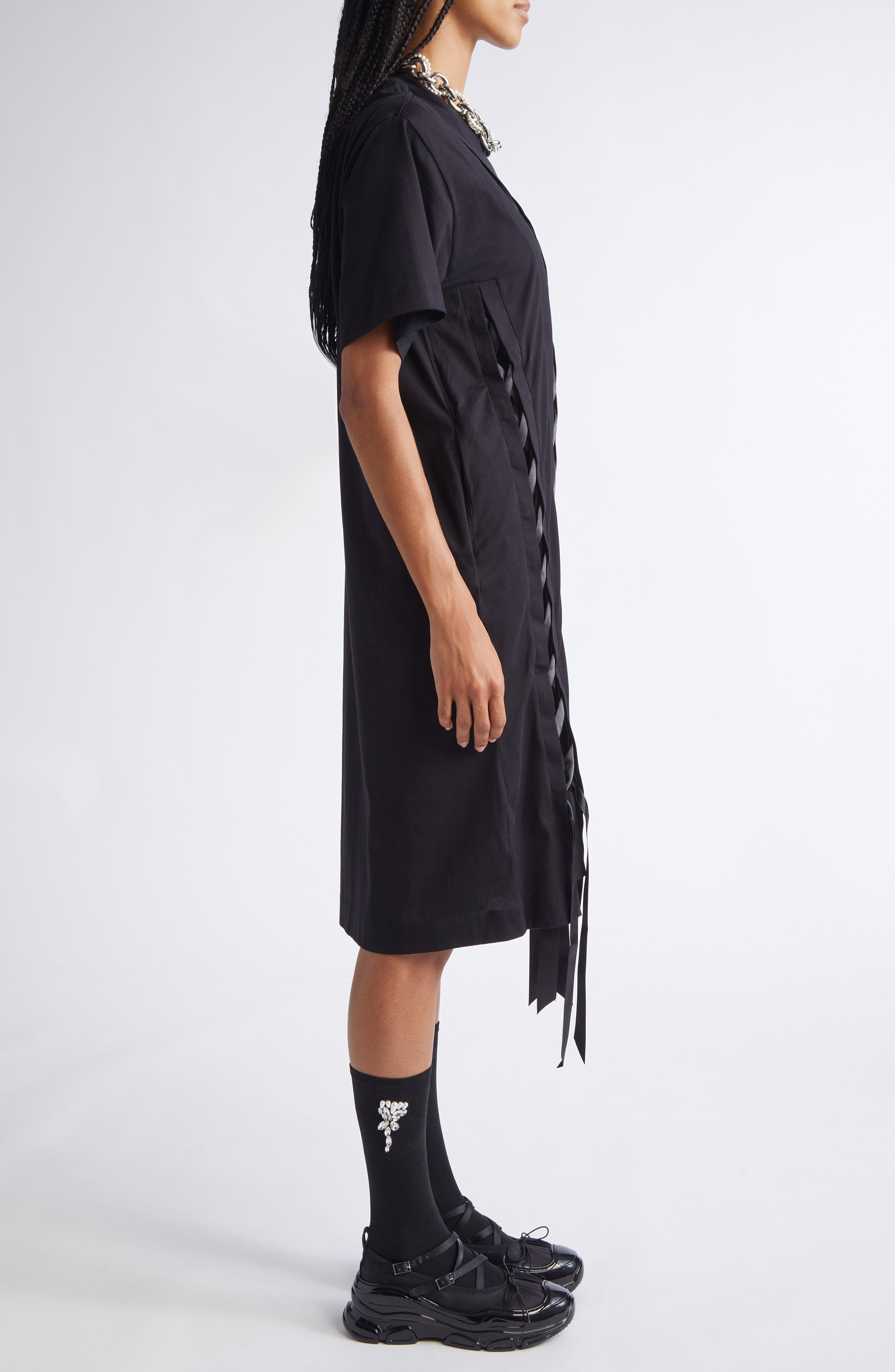 Simone Rocha Unraveling Ribbon Inset T-Shirt Dress in Black at Nordstrom - 3