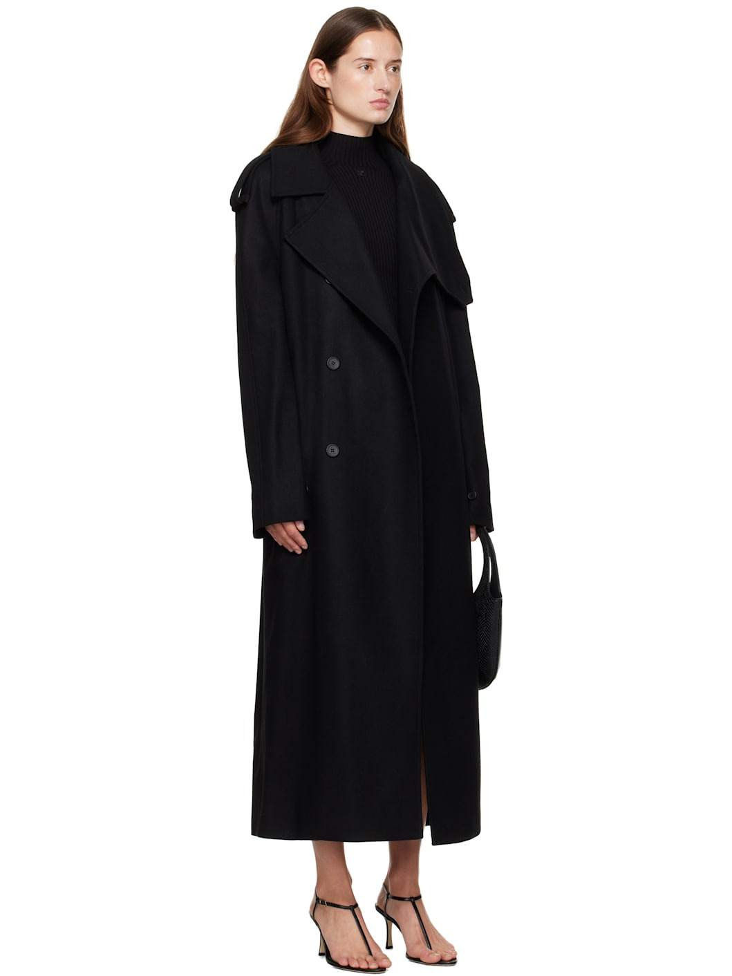 Black Oblique Wool Trench Coat - 2