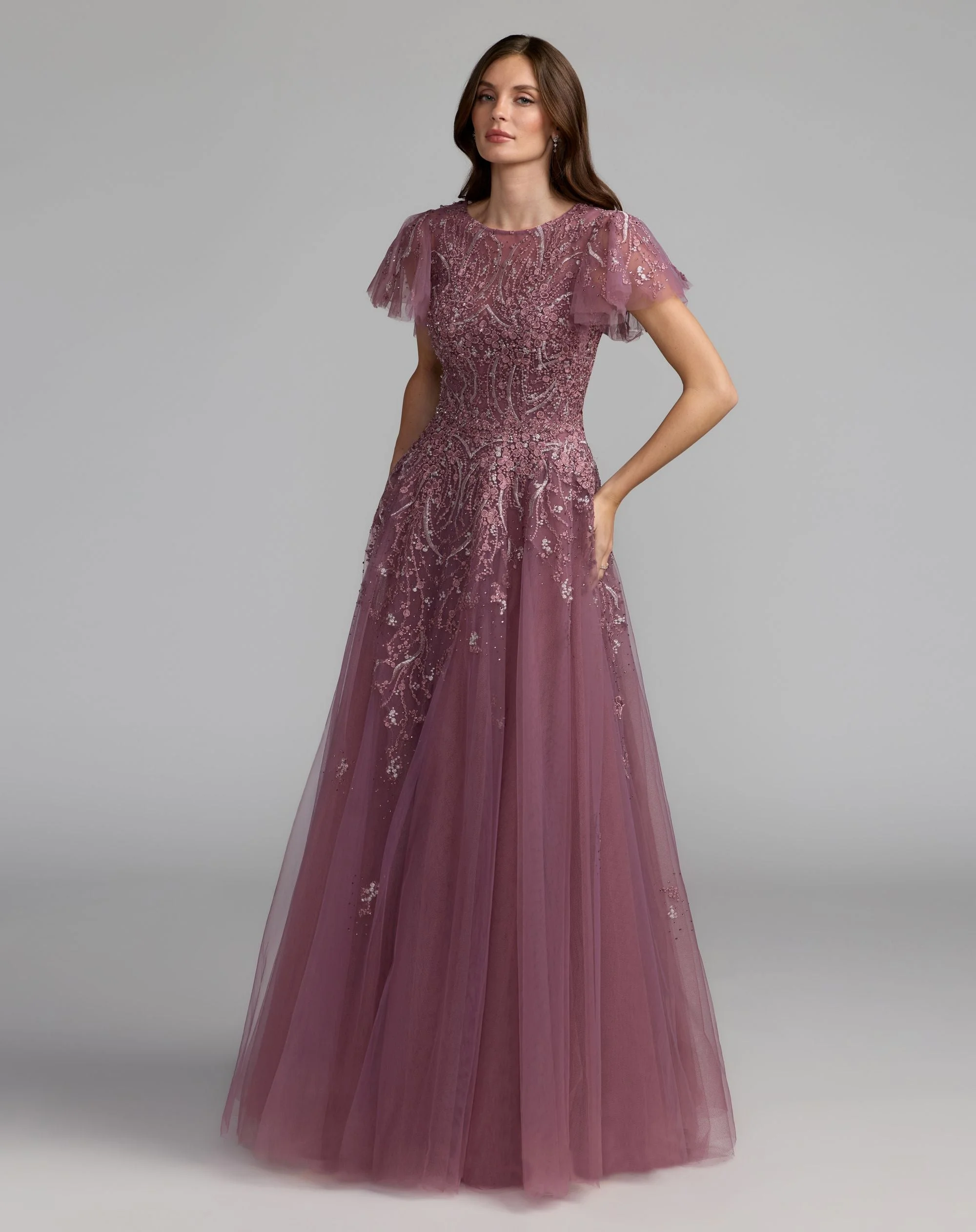 Purple Embroidered Tulle Flutter Sleeve Formal Gown - 1
